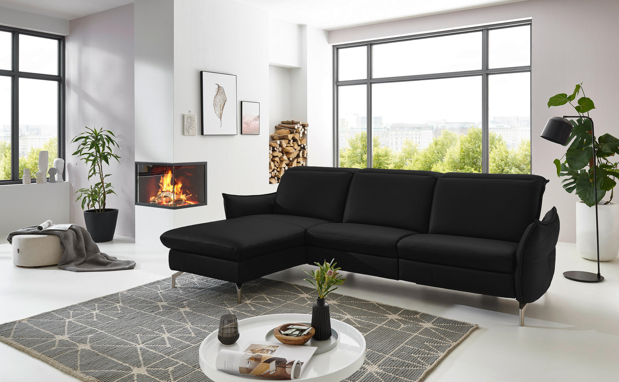 ECKSOFA Schwarz Lederlook (vegan)  - Schwarz/Nickelfarben, MODERN, Textil/Metall (179/233cm) - Livetastic