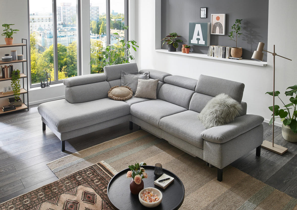 ECKSOFA in Flachgewebe Hellgrau  - Hellgrau/Schwarz, Design, Holzwerkstoff/Textil (217/272cm) - Pure Home Comfort