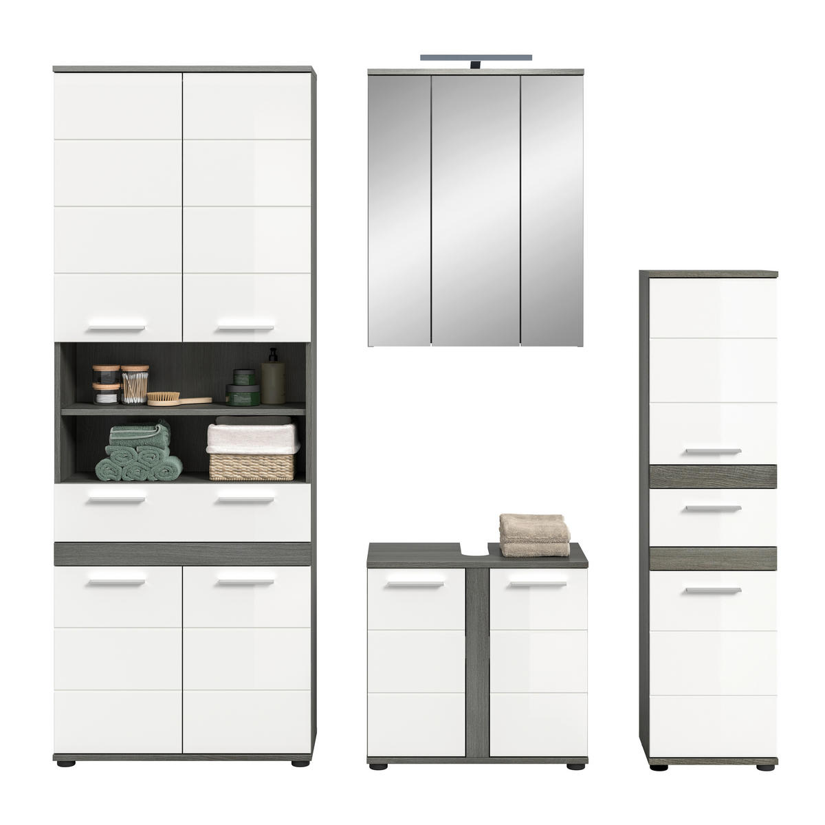BADEZIMMER 5-teilig  in 195 cm  - Weiß Hochglanz/Silberfarben, Trend, Glas/Holzwerkstoff (195cm) - MID.YOU
