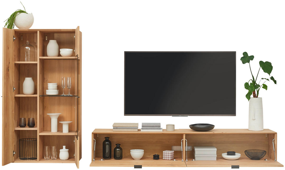 WOHNWAND  in Wildeiche 303,8/184,6/37,1 cm  - Wildeiche/Schwarz, Natur, Glas/Holz (303,8/184,6/37,1cm) - Valnatura