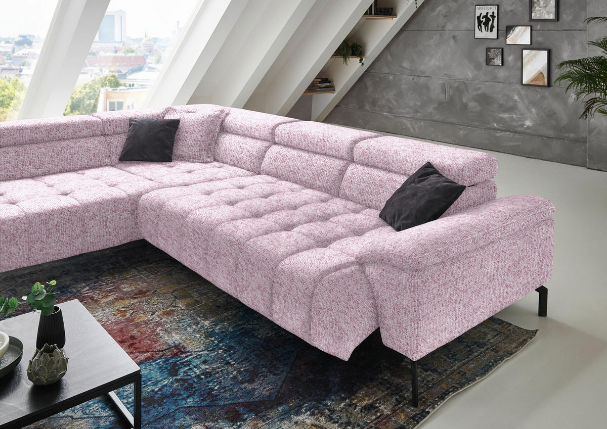 ECKSOFA in Chenille Rosa  - Schwarz/Rosa, Design, Textil/Metall (222/323cm) - Beldomo Style