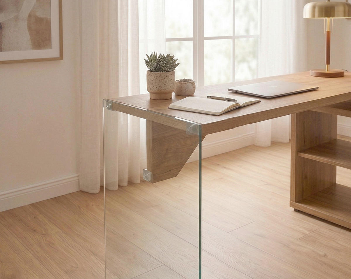 ECKSCHREIBTISCH 141,8/100/74 cm Eichefarben Stauraum, seitenverkehrt montierbar  - Eichefarben/Silberfarben, Design, Glas/Holzwerkstoff (141,8/100/74cm) - MID.YOU