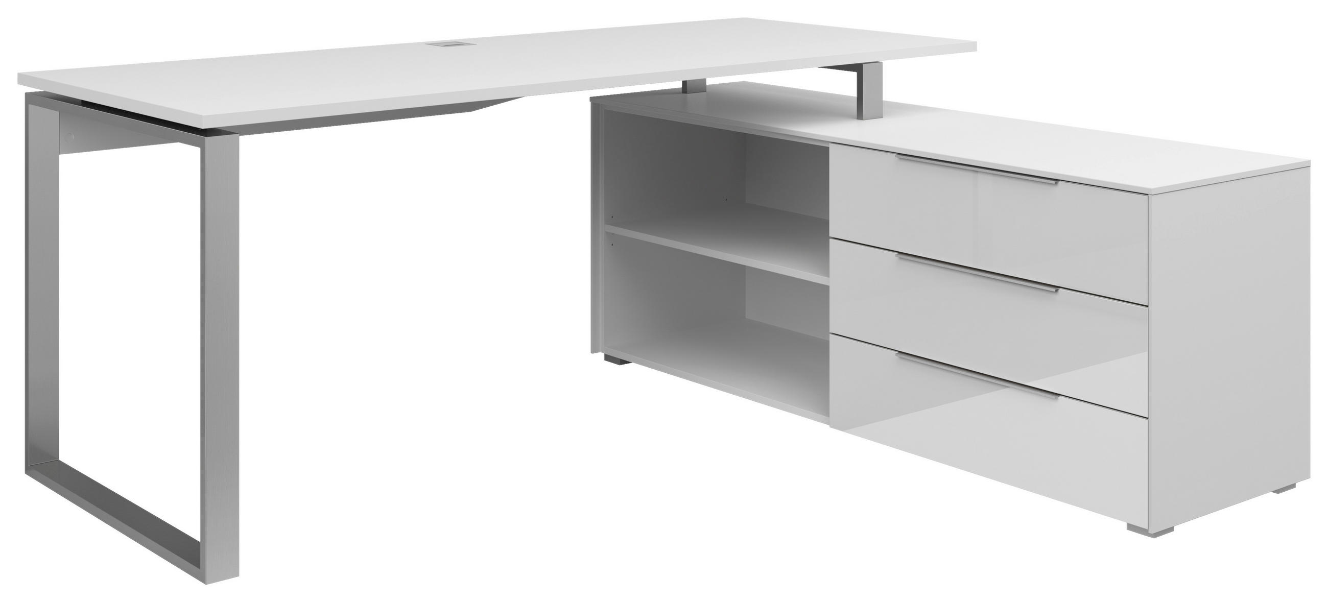 ECKSCHREIBTISCH 184/159/77 cm  in Weiß  - Silberfarben/Weiß, KONVENTIONELL, Glas/Holzwerkstoff (184/159/77cm) - Voleo