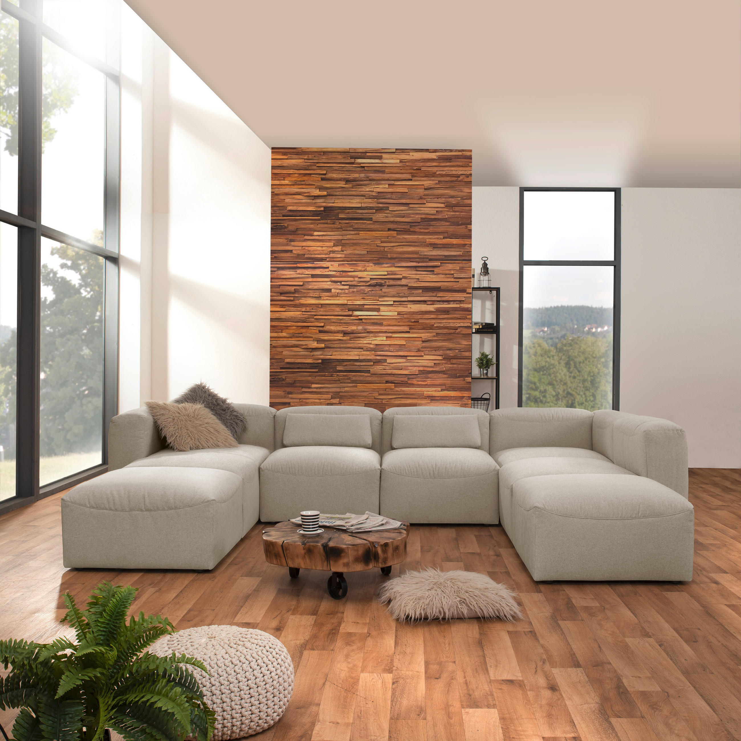 WOHNLANDSCHAFT Creme Flachgewebe  - Creme, Design, Kunststoff/Textil (235/350/250cm) - Max Winzer