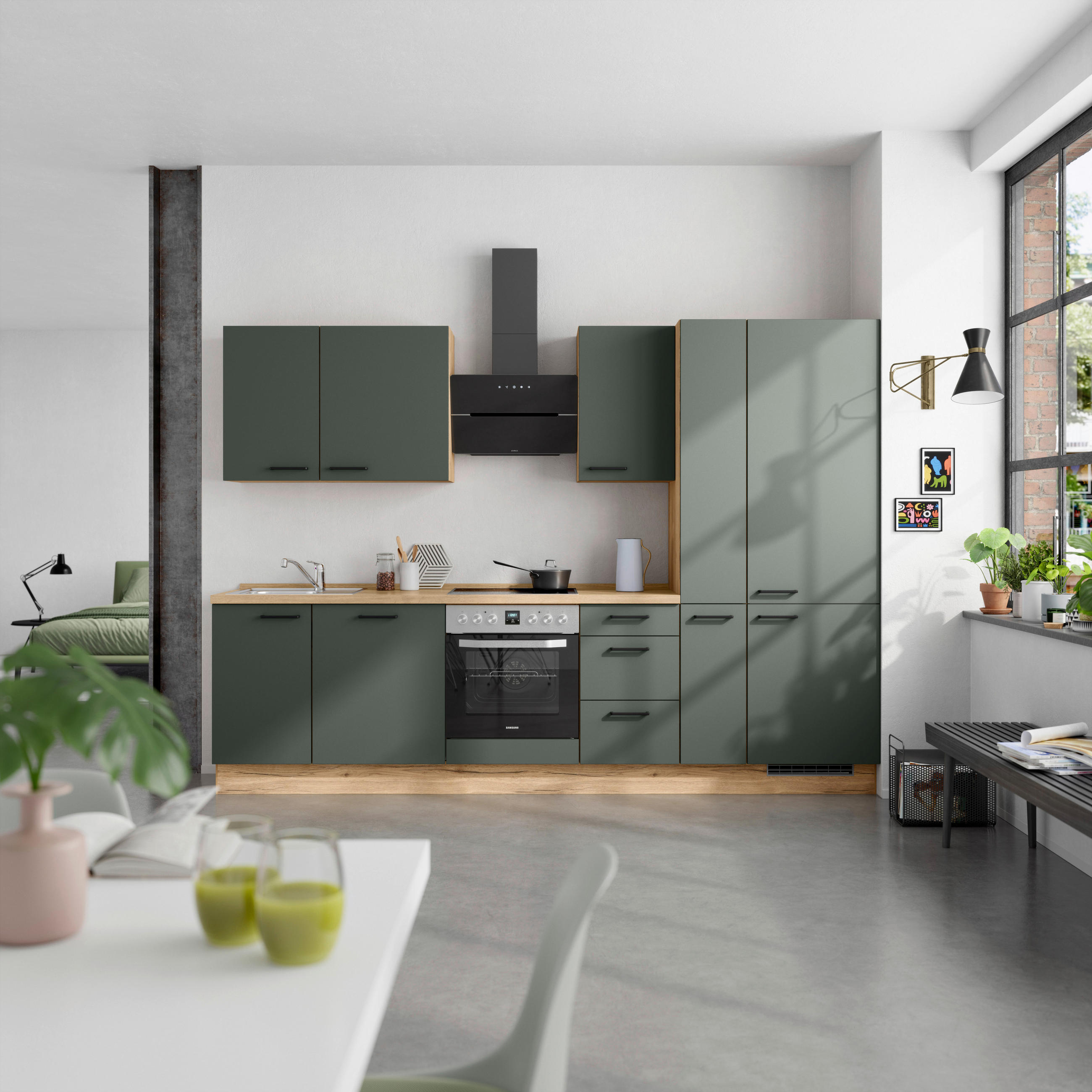 KÜCHENBLOCK Easytouch 300 cm  in Eichefarben, Dunkelgrün  - Dunkelgrün/Eichefarben, MODERN, Holzwerkstoff/Metall (300cm) - Nobilia