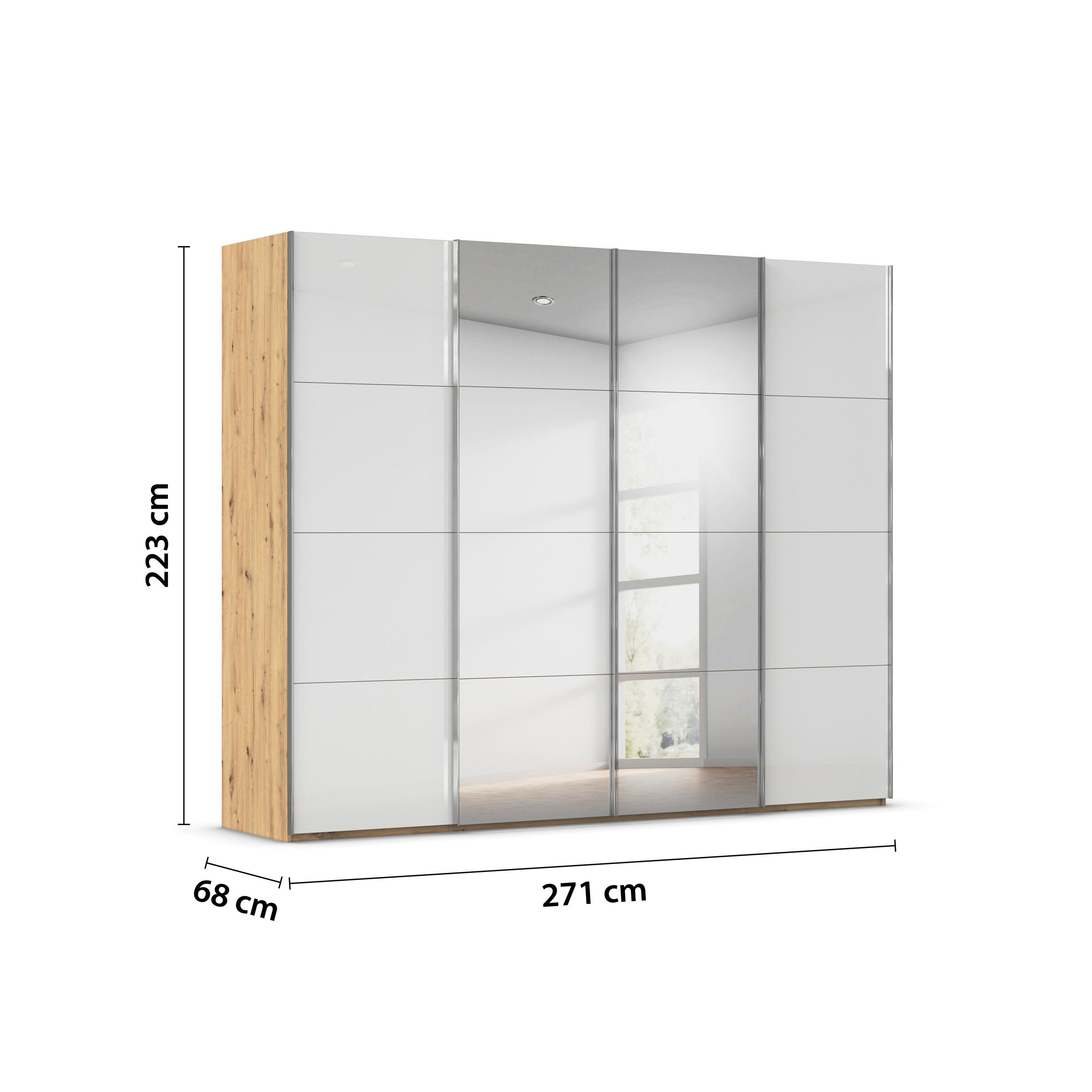 SCHWEBETÜRENSCHRANK 271/223/68 cm 4-türig Weiß, Eiche Artisan  - Chromfarben/Weiß, Design, Glas/Holzwerkstoff (271/223/68cm) - Novel