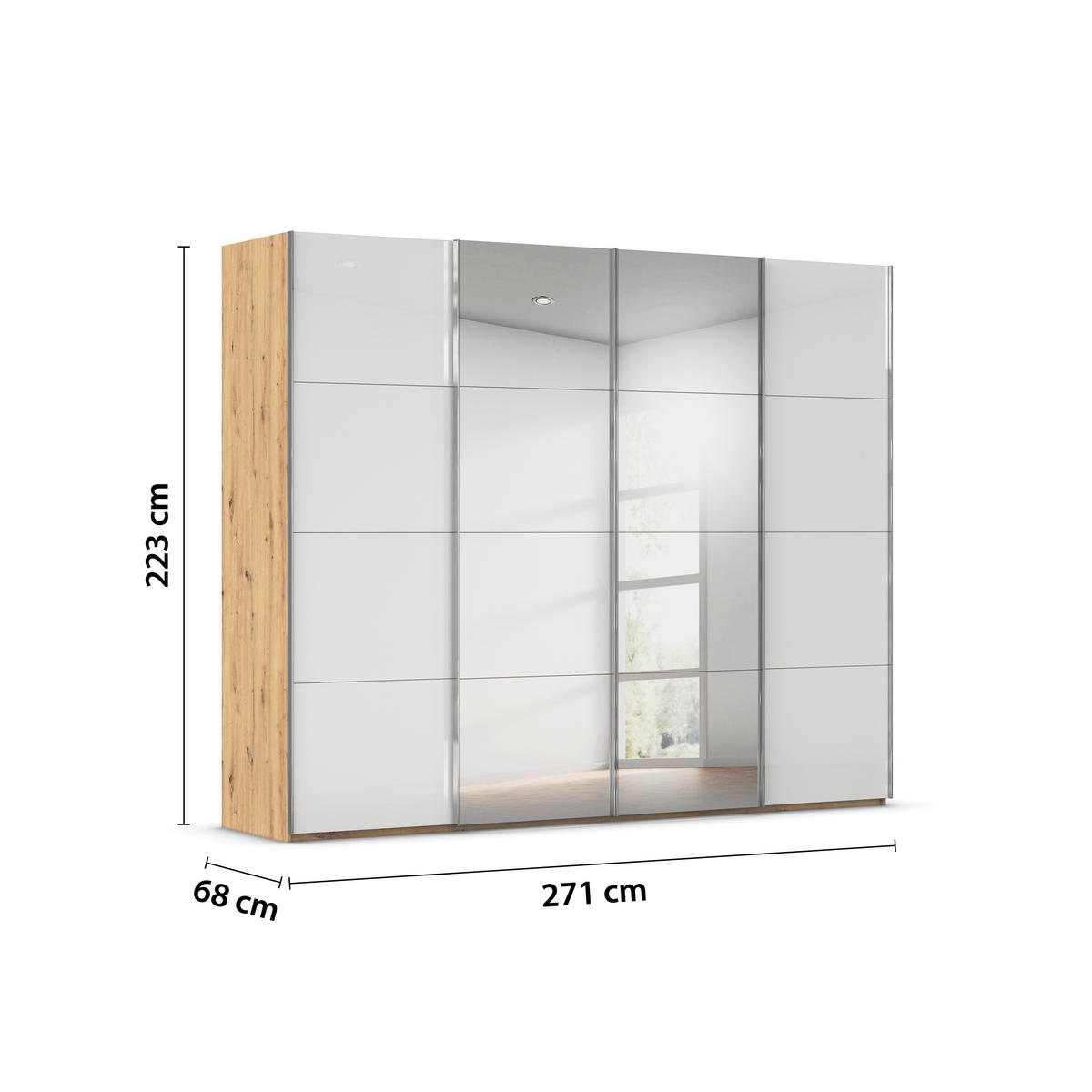 SCHWEBETÜRENSCHRANK 271/223/68 cm 4-türig Weiß, Eiche Artisan  - Chromfarben/Weiß, Design, Glas/Holzwerkstoff (271/223/68cm) - Novel