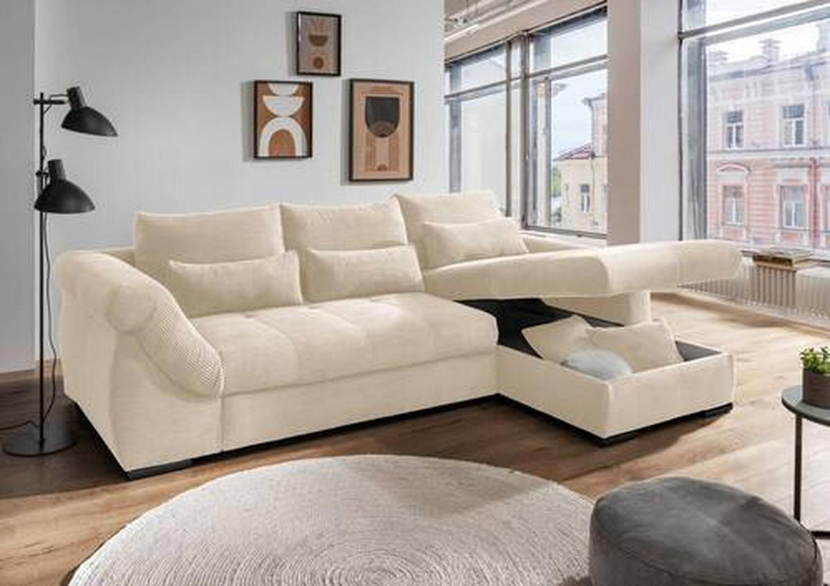 ECKSOFA in Cord Beige  - Beige/Schwarz, Modern, Holz/Textil (302/188cm) - MID.YOU