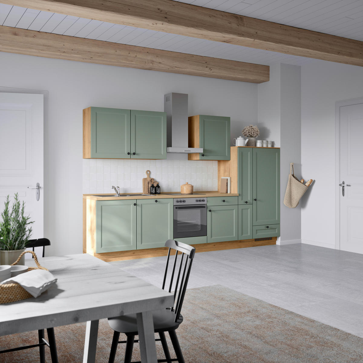 KÜCHENBLOCK Cascada 330 cm  in Grün, Eichefarben  - Eichefarben/Schwarz, MODERN, Holzwerkstoff/Metall (330cm) - Nobilia