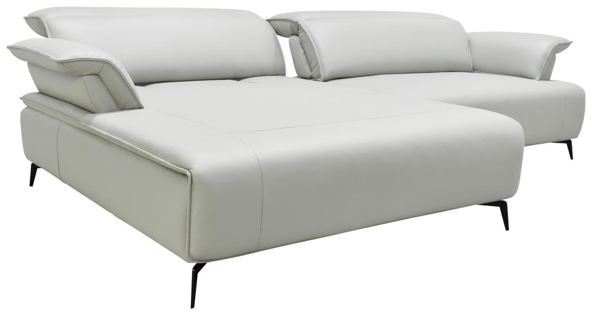 ECKSOFA Hellgrau, Schwarz Echtleder Rückenkissen, Rücken echt, Kopfteilverstellung, Sitztiefenverstellung, Fußteilverstellung, Armlehnenkissen  - Hellgrau/Schwarz, Design, Leder/Metall (280/75-100/112-176cm) - Celina Home
