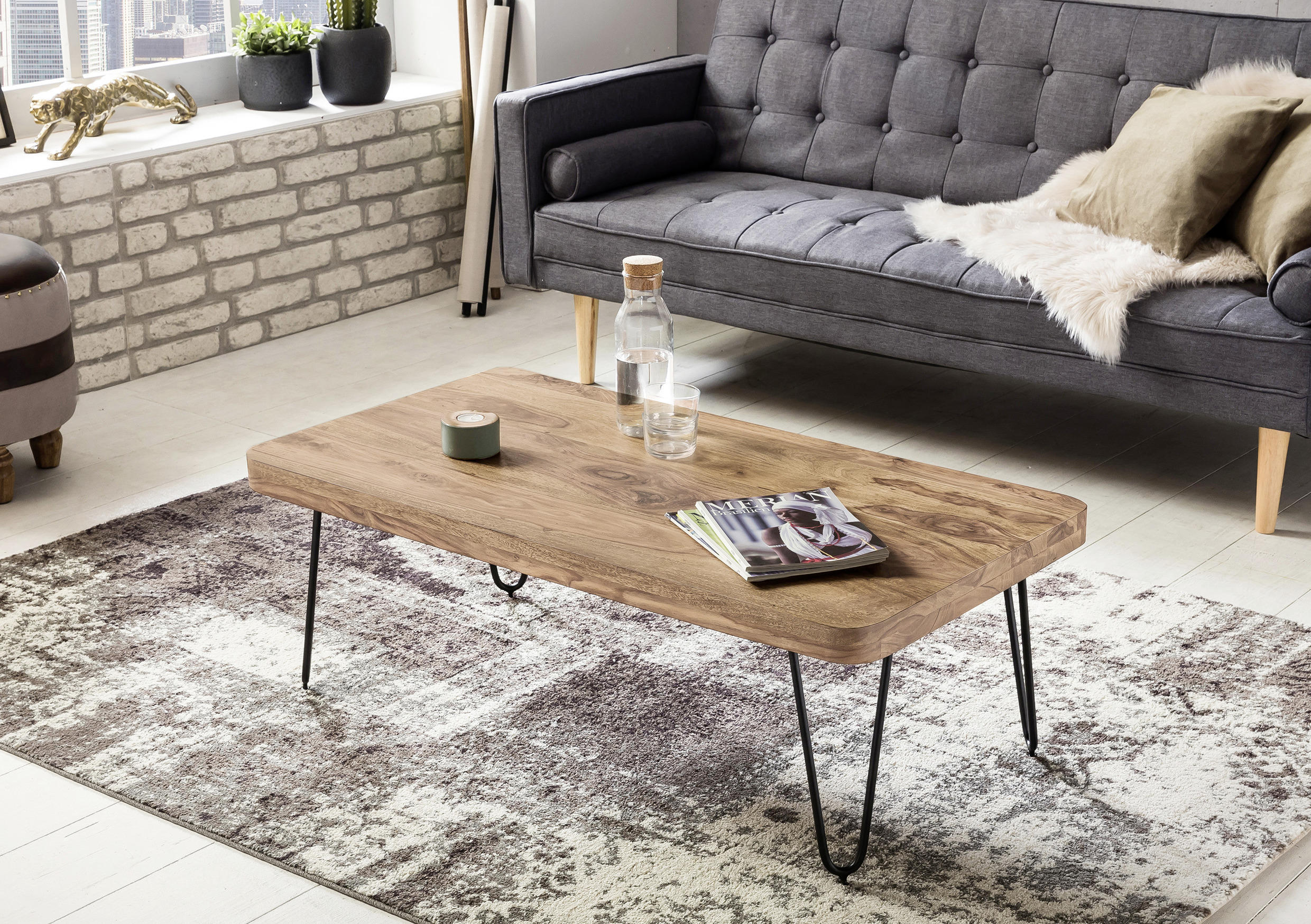 COUCHTISCH Akazie massiv 115/60/40 cm rechteckig Akaziefarben  - Schwarz/Akaziefarben, Design, Holz/Metall (115/60/40cm) - MID.YOU