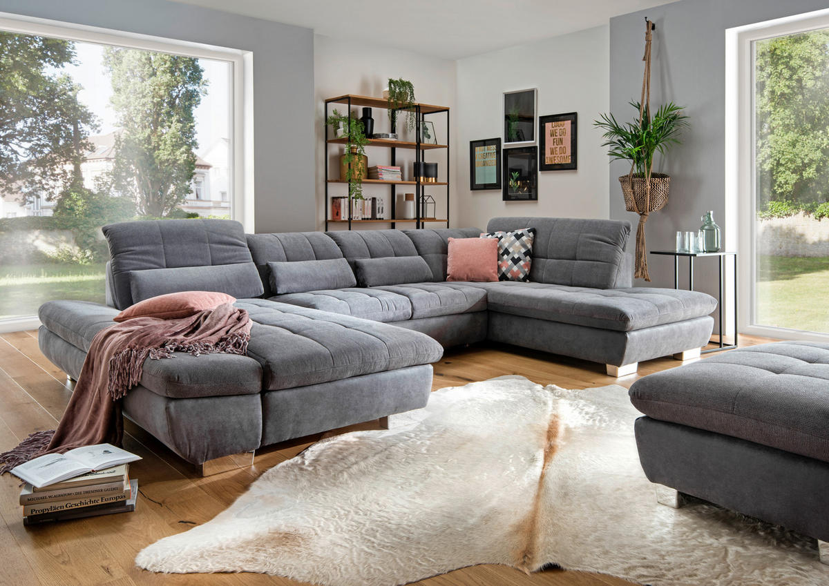 WOHNLANDSCHAFT in Mikrofaser Grau  - Chromfarben/Grau, Design, Kunststoff/Textil (204/350/211cm) - Xora
