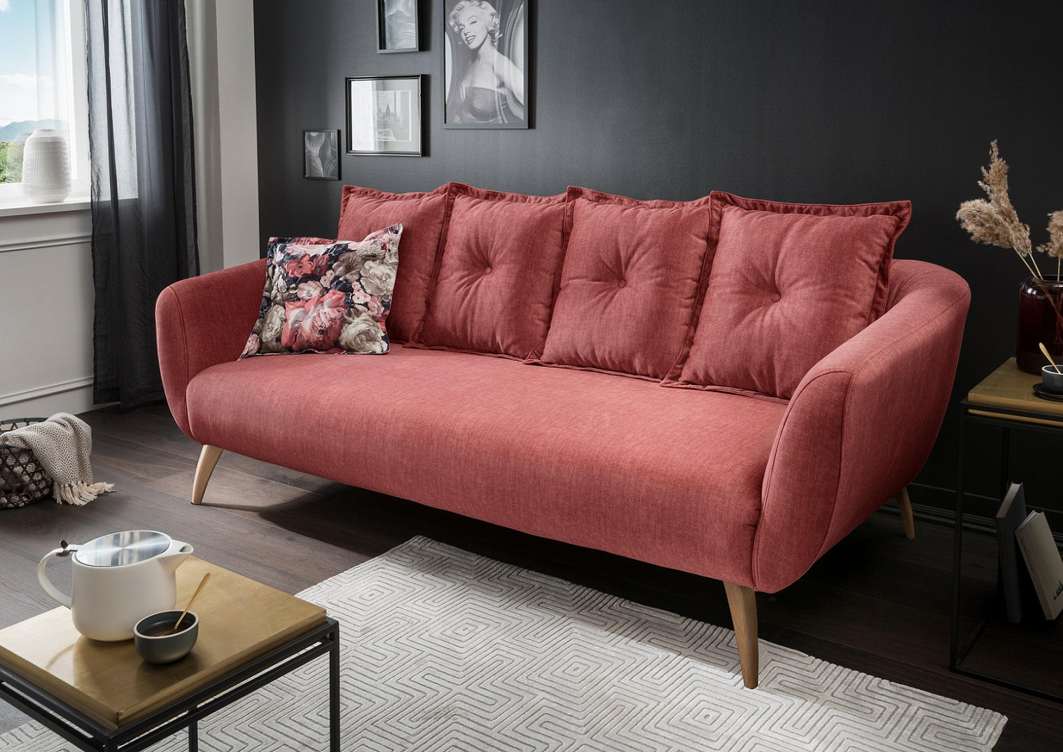 3-SITZER-SOFA in Velours Koralle, Multicolor - Koralle/Buchefarben, MODERN, Holz/Textil (236/94/103cm) - Livetastic