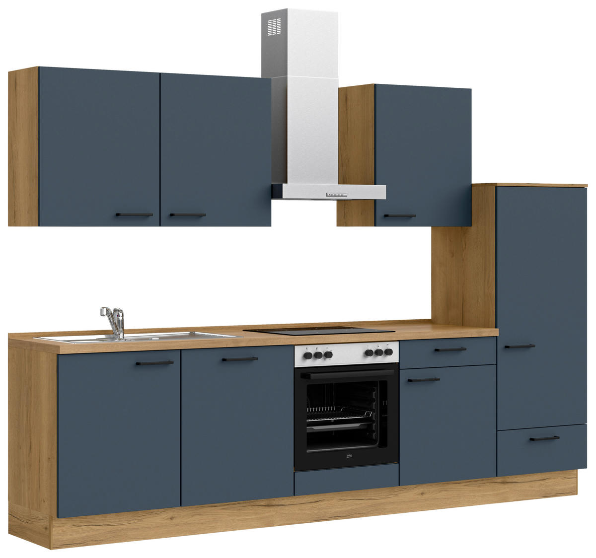 KÜCHENBLOCK Easytouch 300 cm  in Eichefarben, Dunkelblau  - Eichefarben/Schwarz, MODERN, Holzwerkstoff/Metall (300cm) - Nobilia
