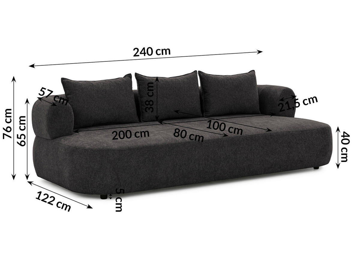 BIGSOFA in Chenille Schwarz  - Schwarz, Design, Kunststoff/Textil (240/76/122cm) - Livetastic