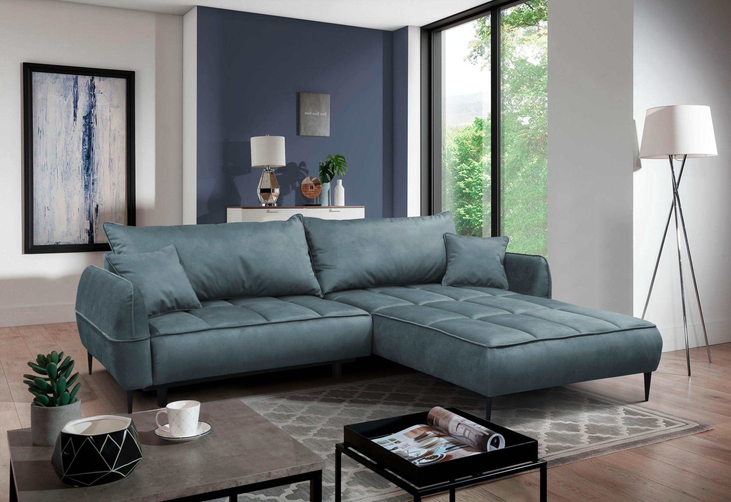 ECKSOFA in Velours Blau  260/189 cm  - Blau/Schwarz, Design, Textil/Metall (260/189cm) - MID.YOU