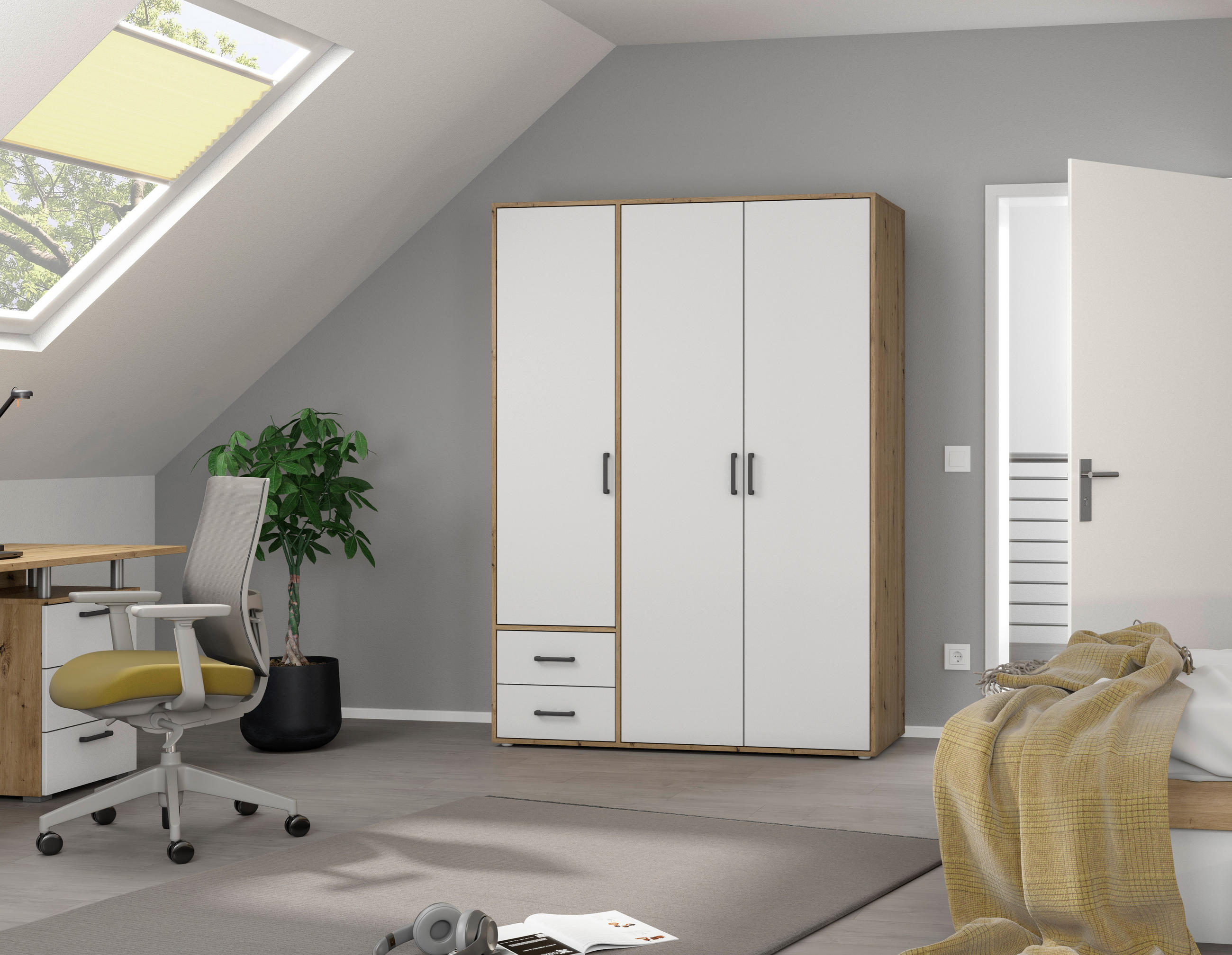 DREHTÜRENSCHRANK 140/194/53 cm 3-türig Weiß, Eiche Artisan  - Weiß/Eiche Artisan, MODERN, Holzwerkstoff/Kunststoff (140/194/53cm) - Rauch Möbel