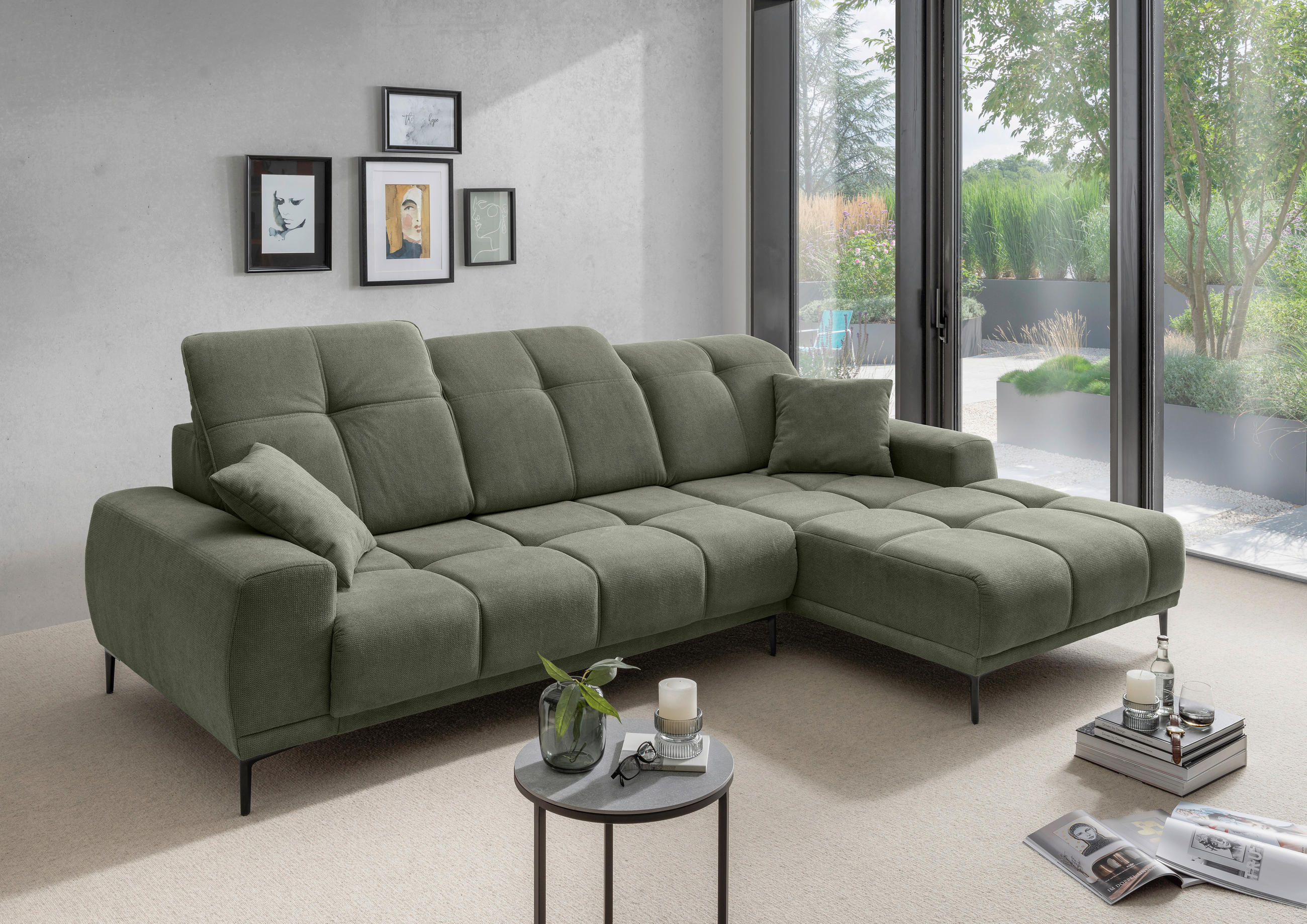 ECKSOFA NESTO Dunkelgrün Chenille Zierkissen, Kopfteilverstellung, Sitztiefenverstellung  - Dunkelgrün/Schwarz, Basics, Textil/Metall (292/187cm) - Livetastic