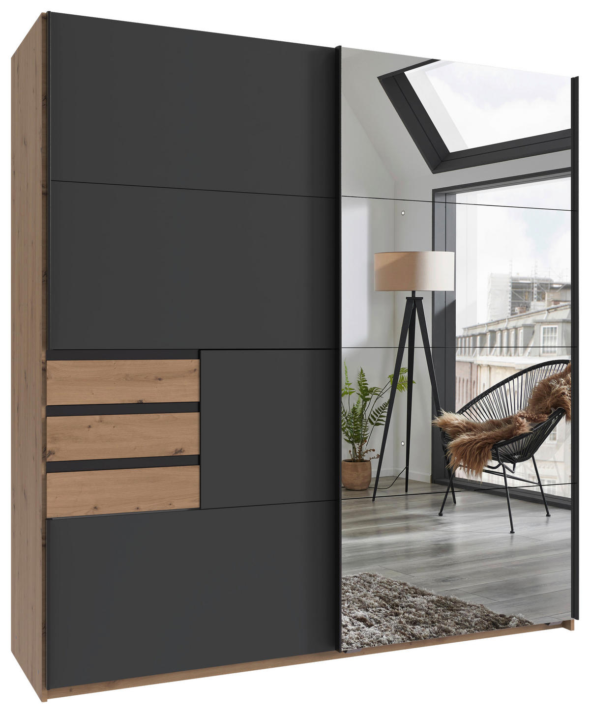 SCHWEBETÜRENSCHRANK  in Graphitfarben, Eiche Artisan  - Graphitfarben/Eiche Artisan, KONVENTIONELL, Glas/Holzwerkstoff (180/198/65cm) - Carryhome