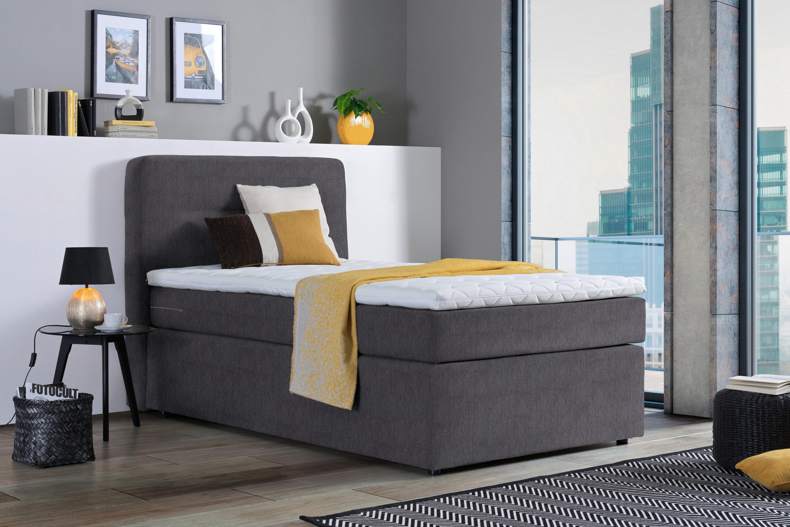 BOXSPRINGBETT 140/200 cm  in Dunkelgrau  - Dunkelgrau/Schwarz, KONVENTIONELL, Kunststoff/Textil (140/200cm) - Moderano