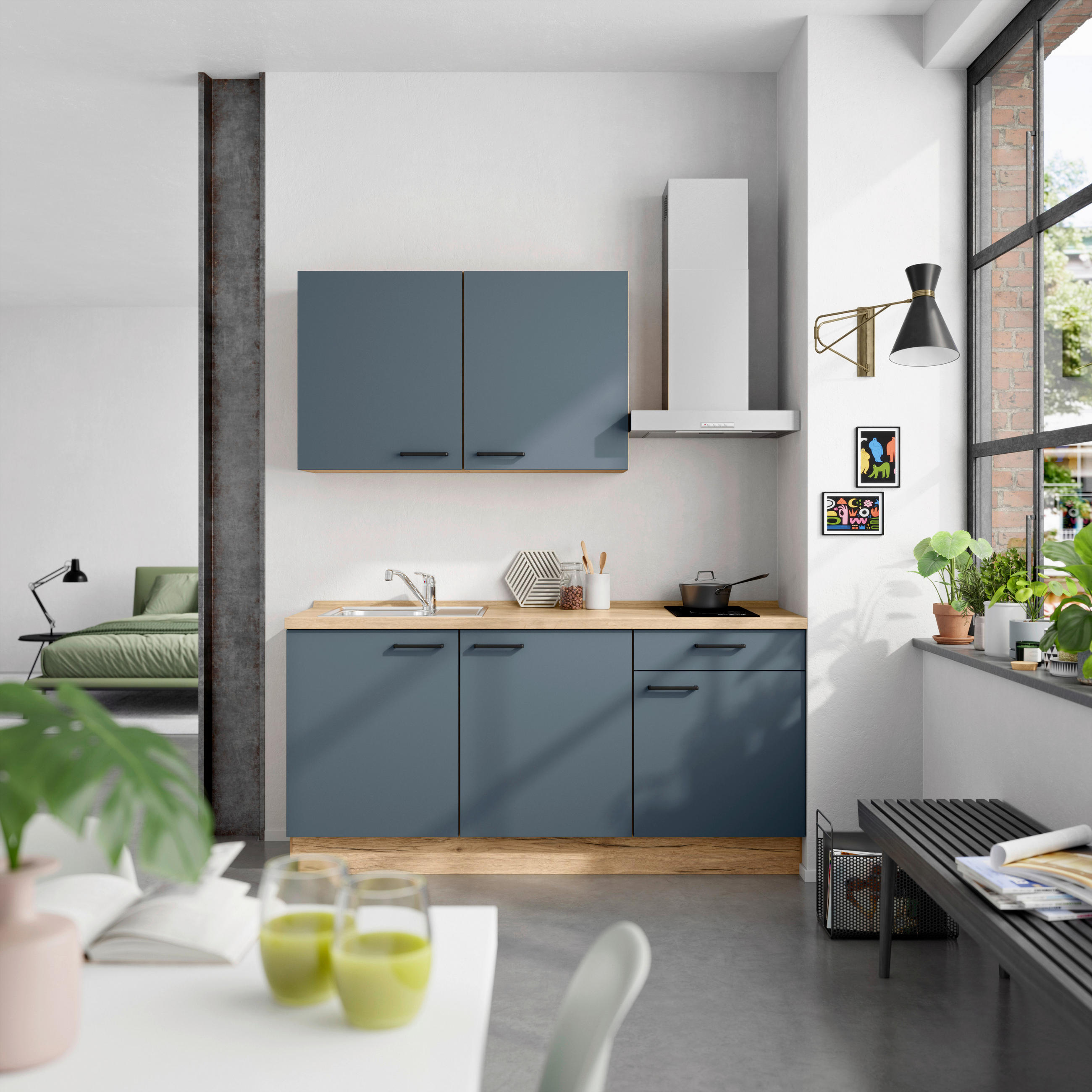 KÜCHENBLOCK 180 cm   in Eichefarben, Dunkelblau  - Eichefarben/Schwarz, MODERN, Holzwerkstoff/Metall (180cm) - Nobilia