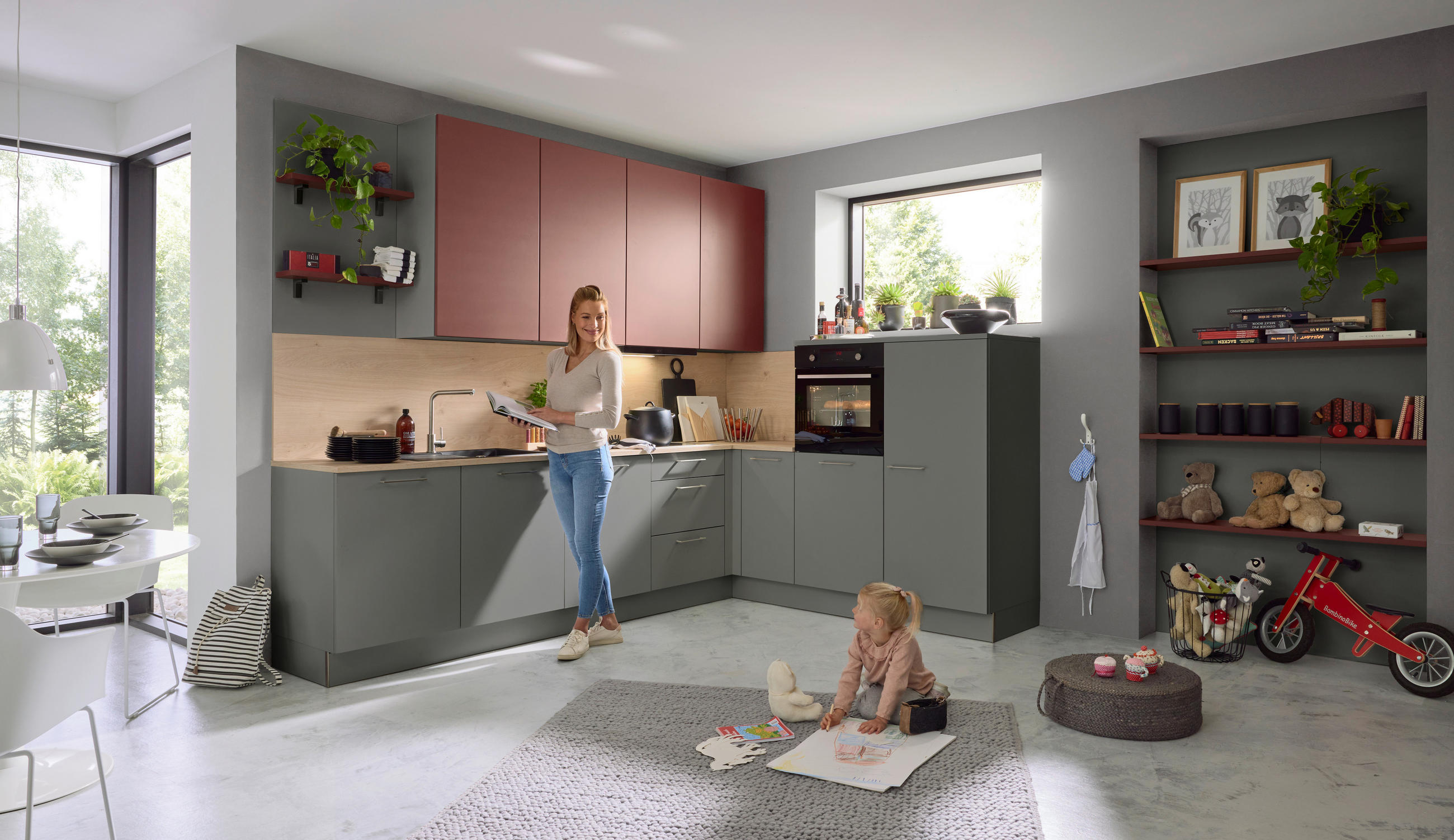 ECKKÜCHE 305/225 cm  in Anthrazit, Rot, Eichefarben  - Edelstahlfarben/Eichefarben, Design, Holzwerkstoff/Metall (305/225cm) - Nolte Küchen