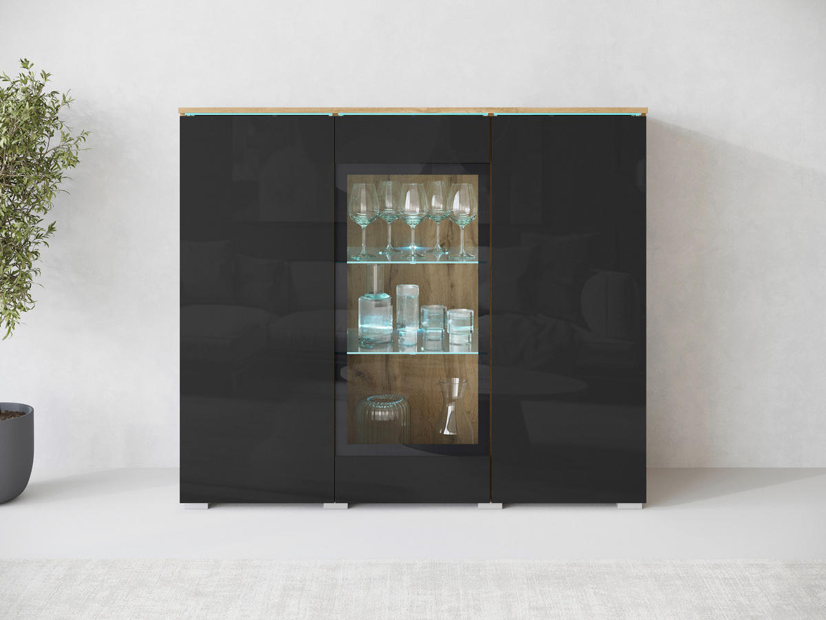 HIGHBOARD Vera, 120/103,3/39,5 cm,  - Schwarz Hochglanz/Eiche Wotan, Trend, Glas/Holzwerkstoff (120/103,3/39,5cm) - P & B