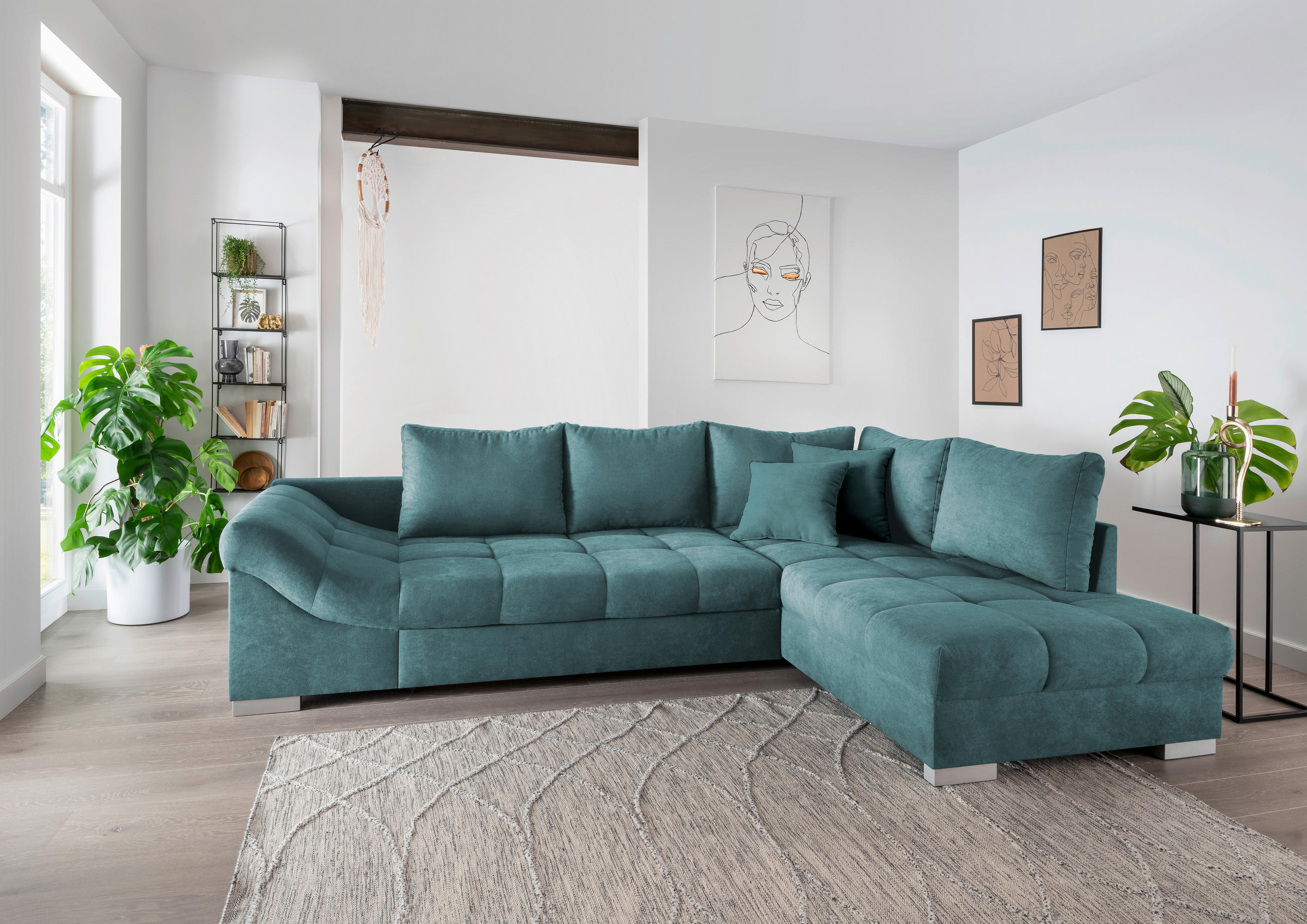 ECKSCHLAFSOFA Petrol Mikrofaser  - Silberfarben/Petrol, Design, Holz/Textil (298/202cm) - MID.YOU