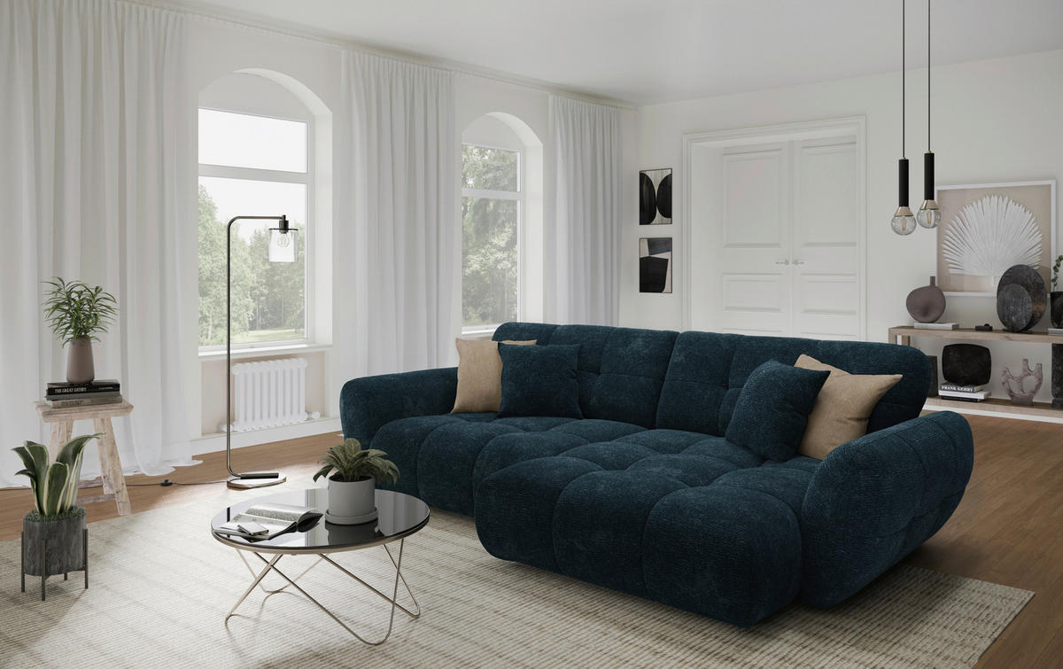 ECKSOFA NIVO Dunkelblau Chenille Rücken echt  - Schwarz/Dunkelblau, MODERN, Kunststoff/Textil (312/175cm) - Livetastic