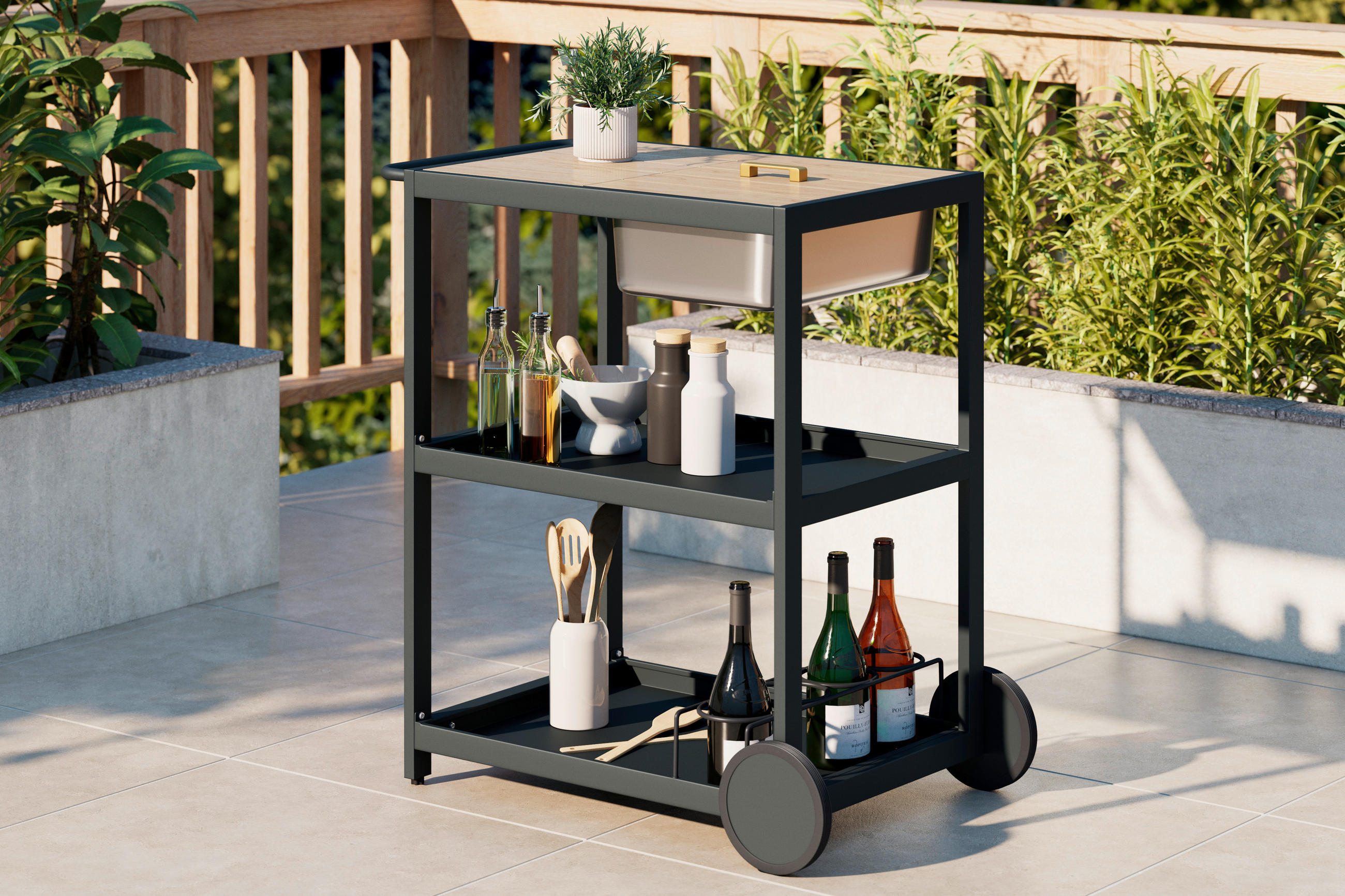 Ambia Garden ZAHRADNÍ SERVÍROVACÍ VOZÍK, antracitová, barvy teak, 78/91/50 cm