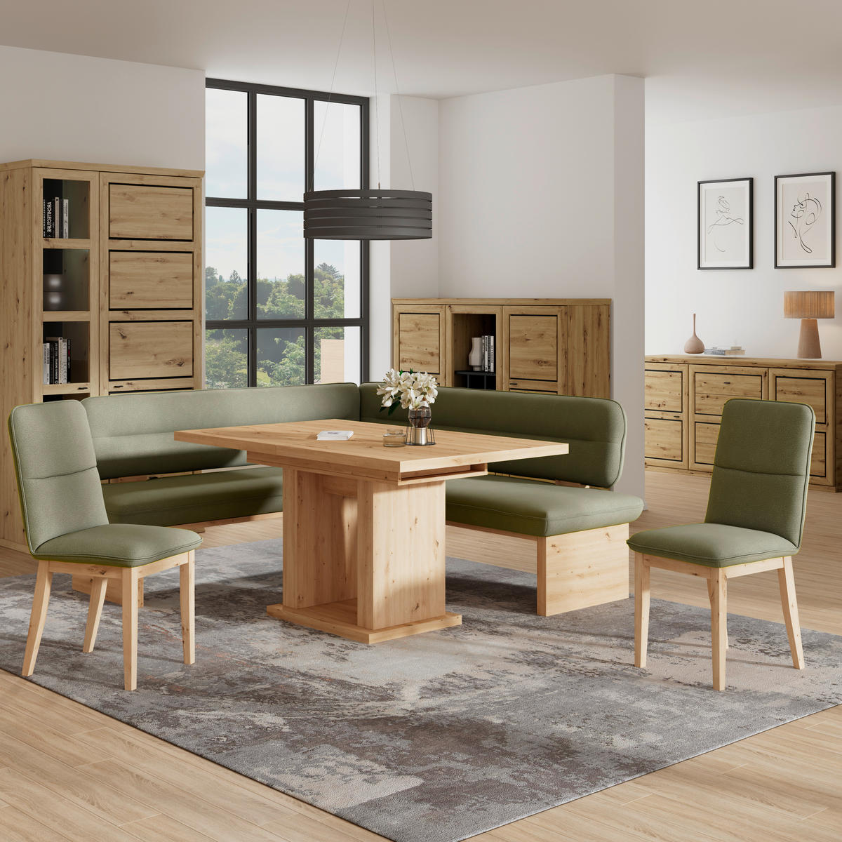 ECKBANK 170/232 cm Webstoff Grün Eiche Sperrholz   - Eichefarben/Grün, KONVENTIONELL, Holz/Textil (170/232cm) - Livetastic