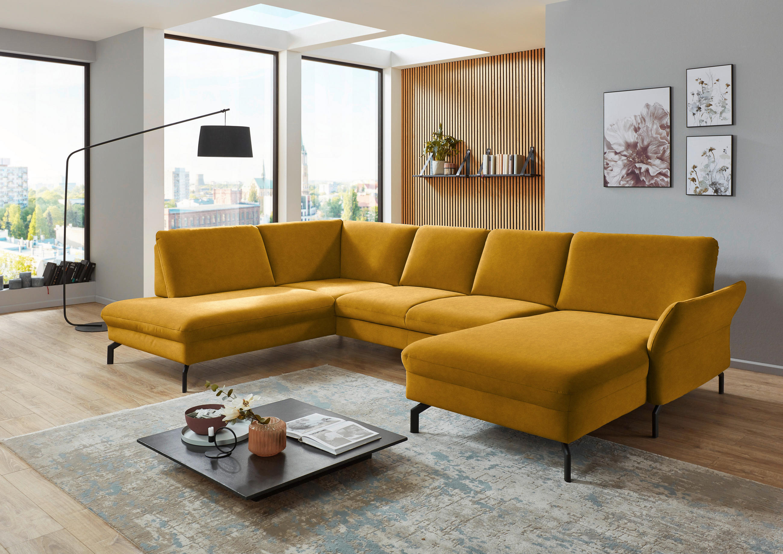 WOHNLANDSCHAFT in Velours Currygelb  - Currygelb/Schwarz, Design, Textil/Metall (220/335/179cm) - Beldomo System