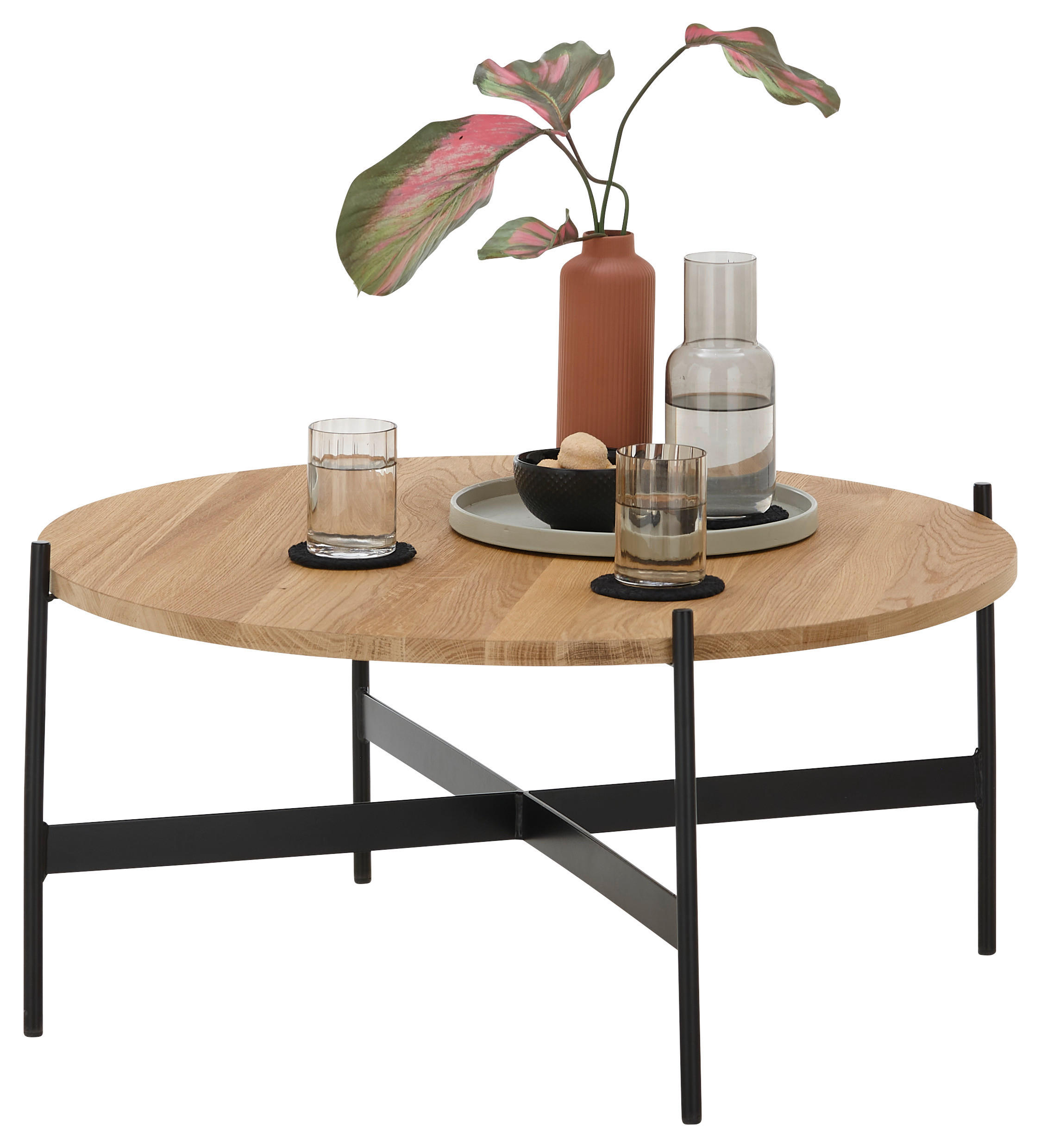 COUCHTISCH Eiche massiv 53/53/39 cm rund Schwarz, Eichefarben  - Eichefarben/Schwarz, Natur, Holz/Metall (53/53/39cm) - SetOne by Musterring
