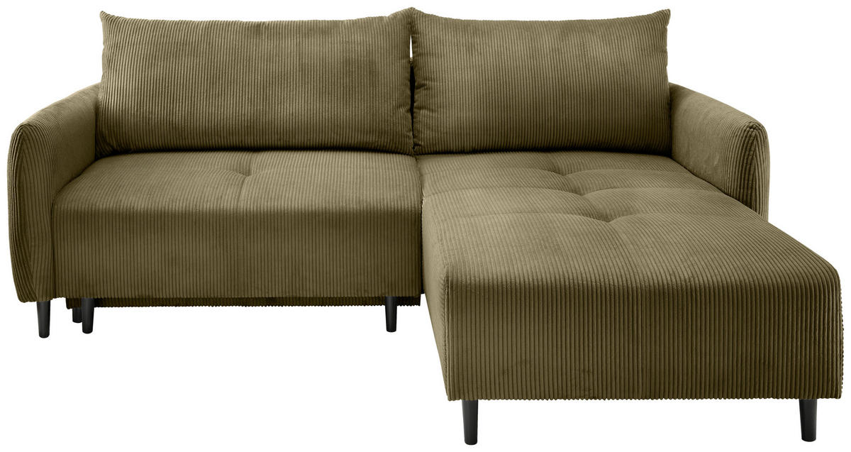 ECKSCHLAFSOFA  mit Liegefunktion, Rücken echt Cord Olivgrün  - Schwarz/Olivgrün, Basics, Holz/Textil (238/174cm) - Livetastic