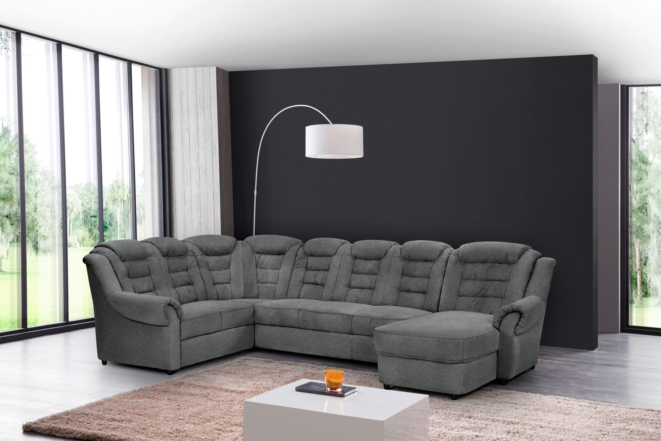 WOHNLANDSCHAFT in Chenille Dunkelgrau - Dunkelgrau/Schwarz, Konventionell, Kunststoff/Textil (216/333/165cm) - Livetastic