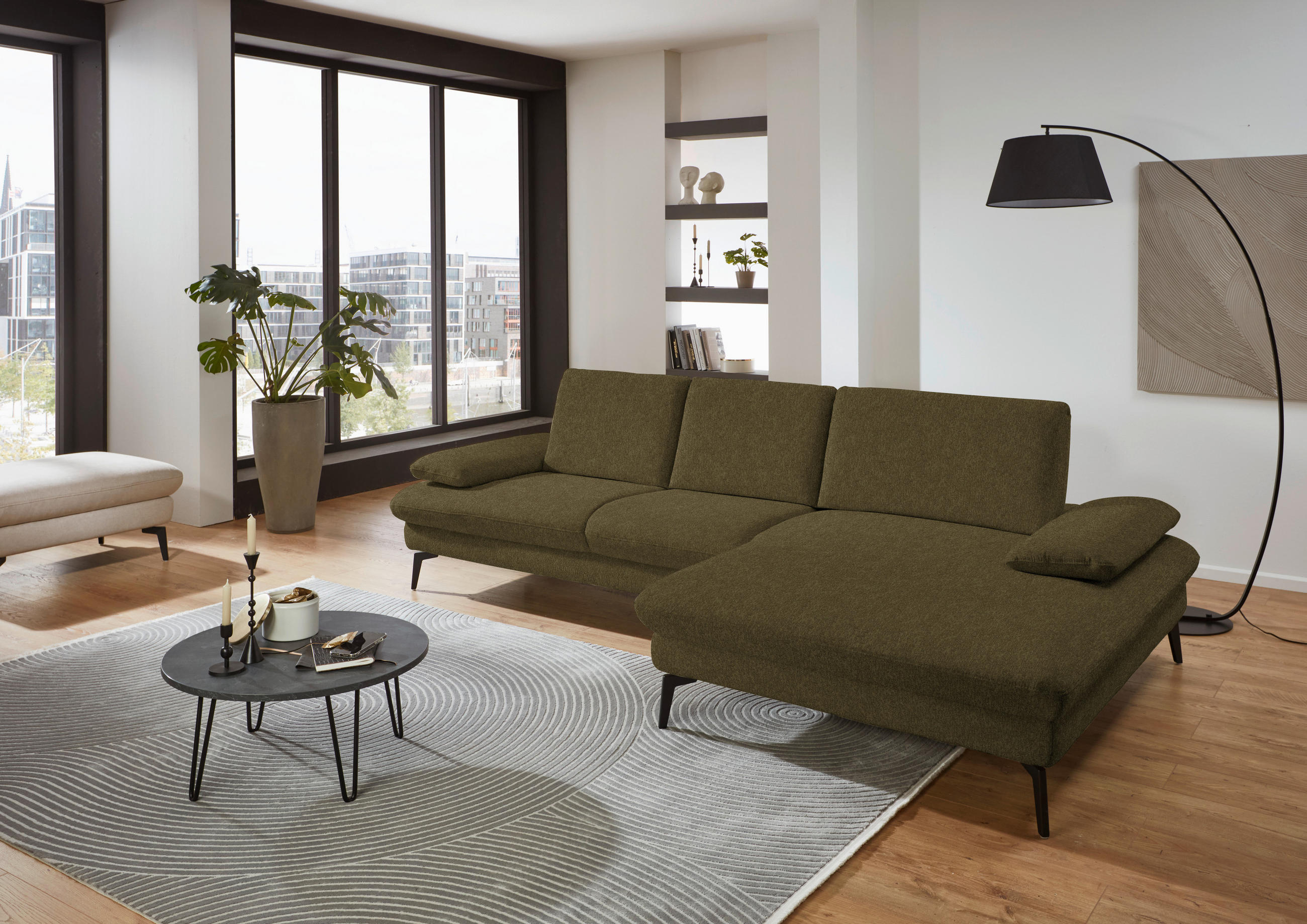ECKSOFA in Chenille, Mikrofaser Olivgrün  - Schwarz/Olivgrün, Design, Textil/Metall (299/157cm) - Dieter Knoll