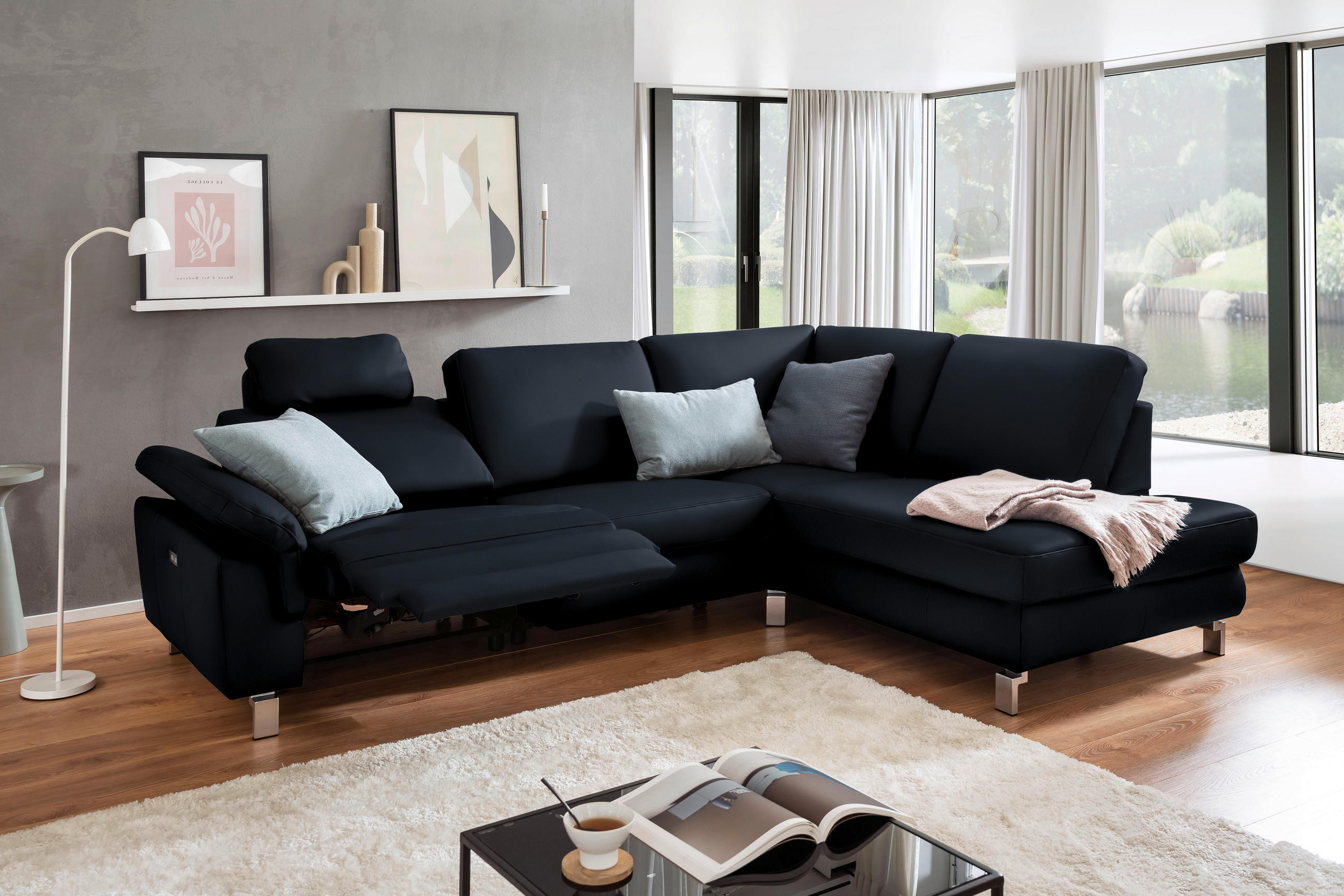 ECKSOFA in Echtleder Dunkelblau  - Chromfarben/Dunkelblau, Design, Leder/Metall (271/200cm) - Pure Home Lifestyle