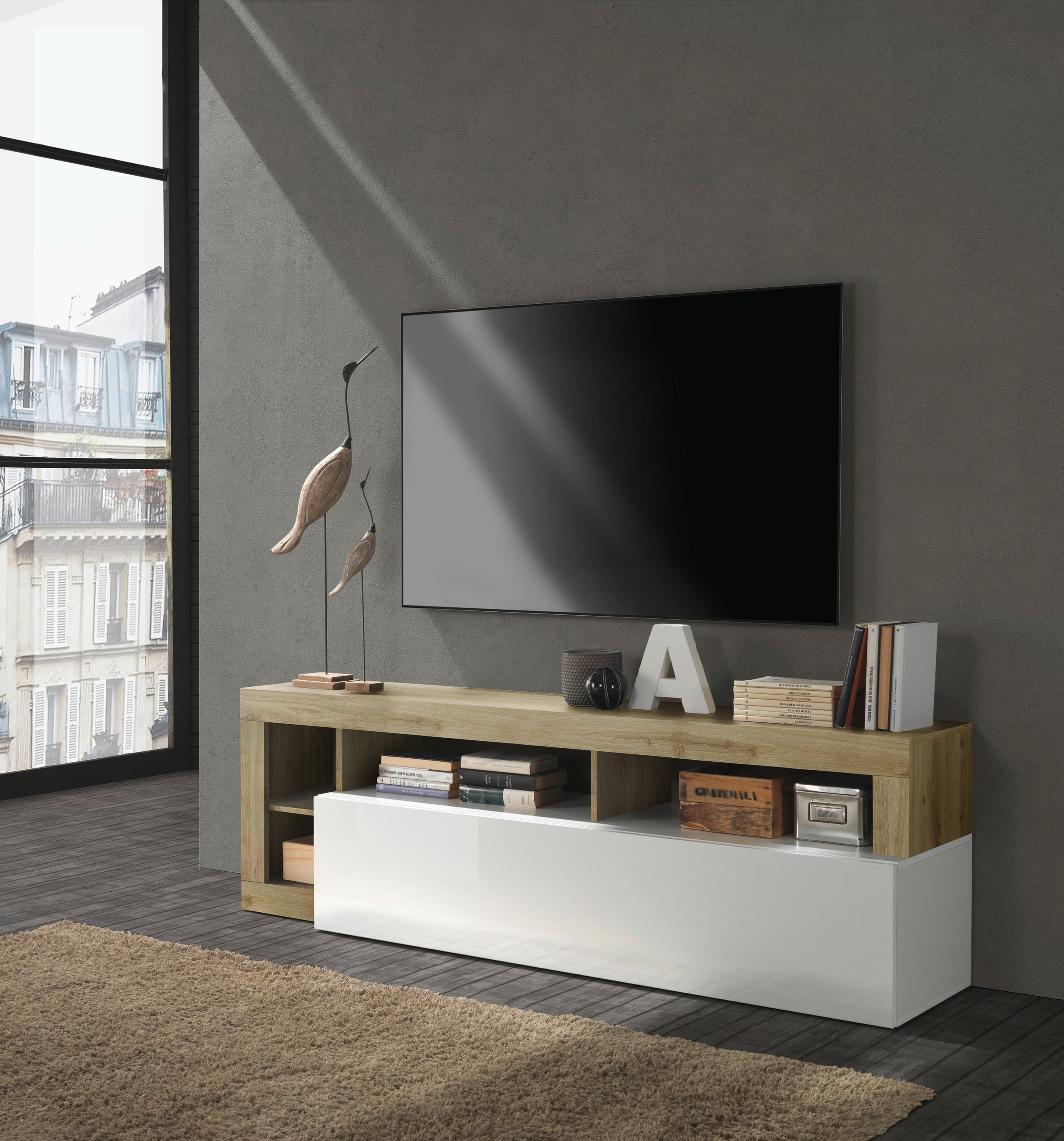 TV-ELEMENT - Eichefarben/Weiß Hochglanz, MODERN, Holzwerkstoff (184/58/42cm) - Carryhome