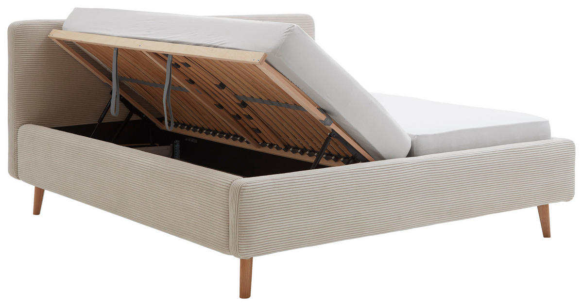 POLSTERBETT 180/200 cm,  in Beige, Bettkasten, Lattenroste, Matratzen, unterschiedliche Matratzenhärtegrade je Bettseite, H2 + H3 = mittel + fest  - Eichefarben/Birkefarben, Design, Holz/Textil (180/200cm) - Xora