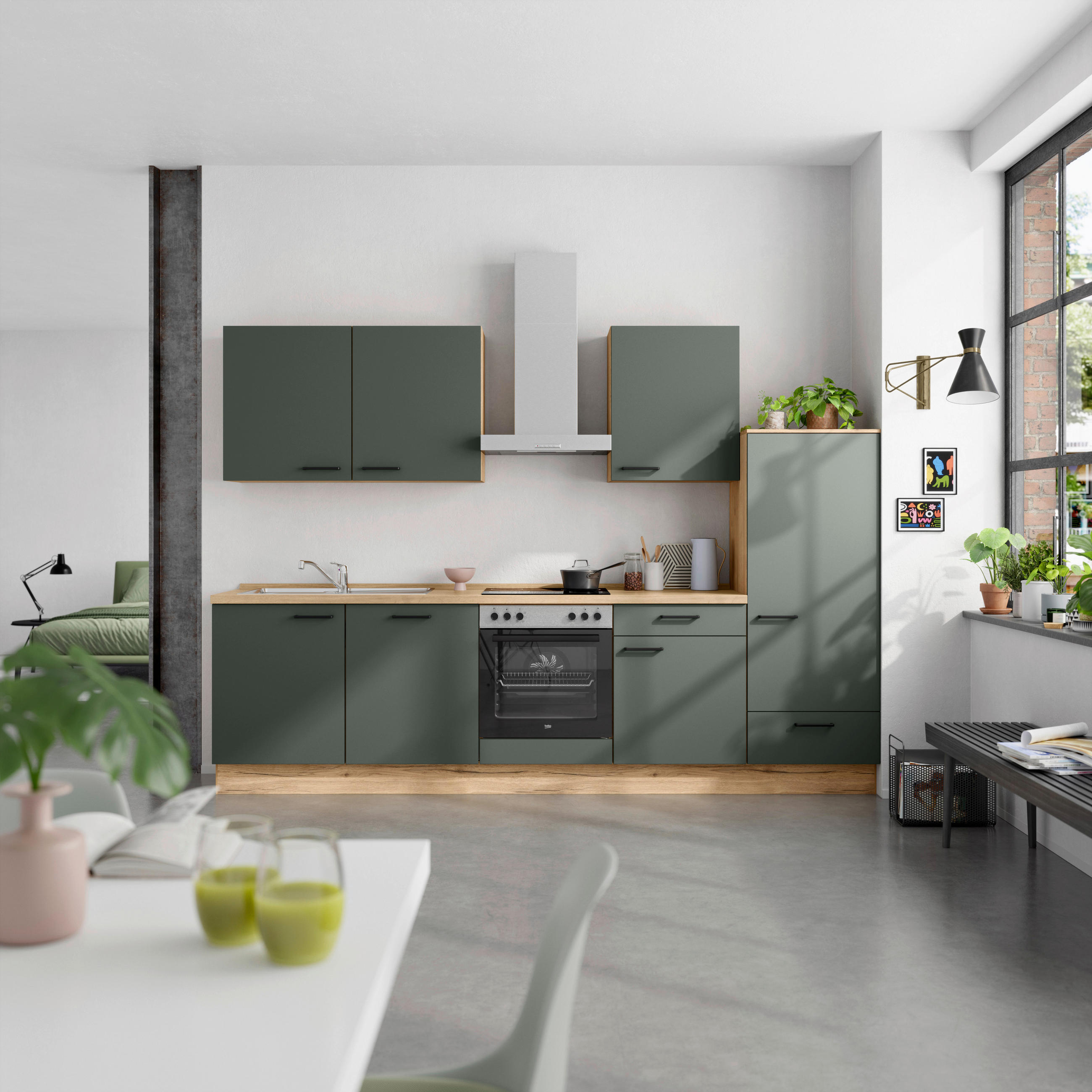 KÜCHENBLOCK 300 cm   in Eichefarben, Dunkelgrün  - Dunkelgrün/Eichefarben, MODERN, Holzwerkstoff/Metall (300cm) - Nobilia