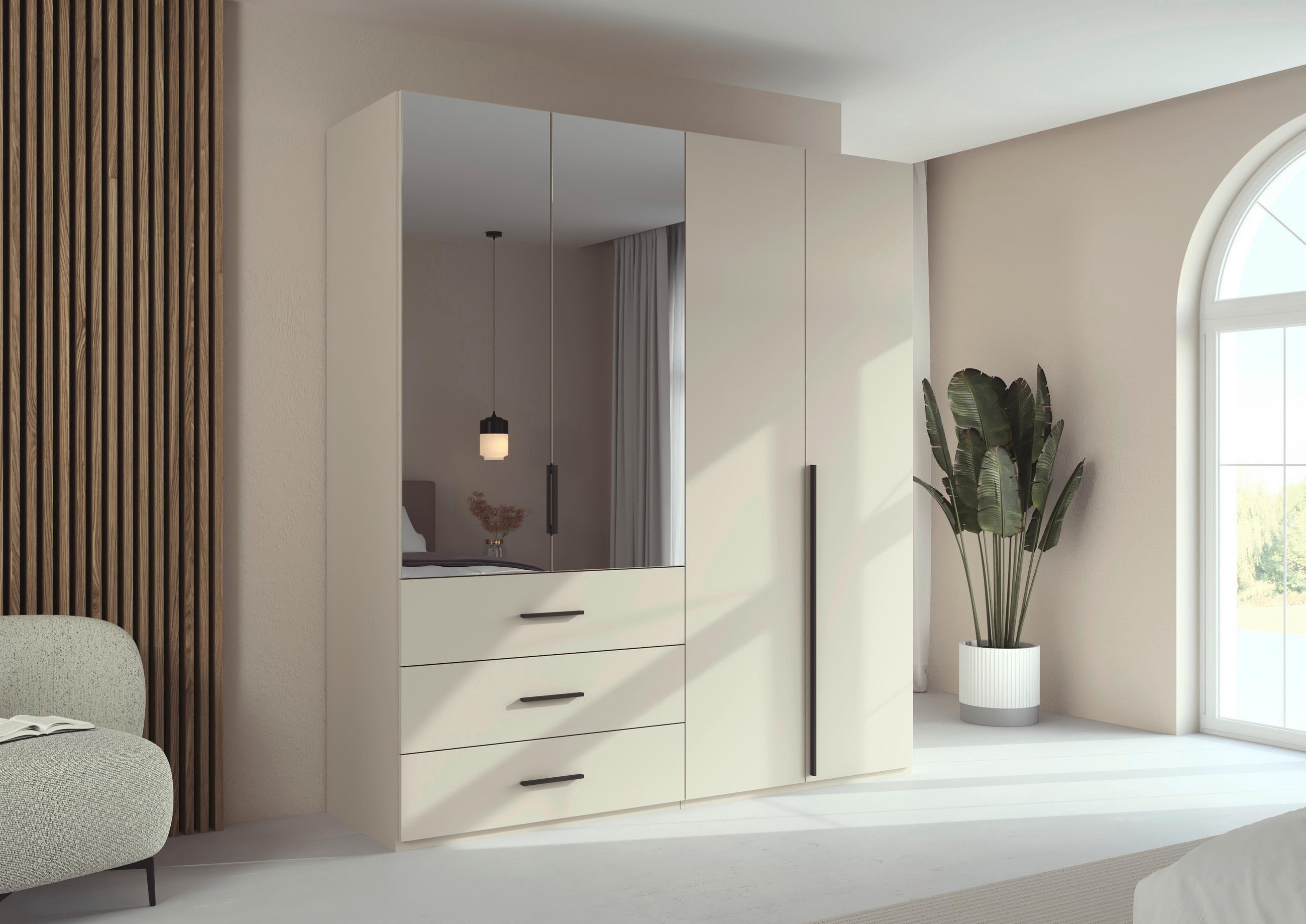 DREHTÜRENSCHRANK 201/223/60 cm,  in Champagner, 4-türig  - Champagner/Graphitfarben, Design, Glas/Holzwerkstoff (201/223/60cm) - home24