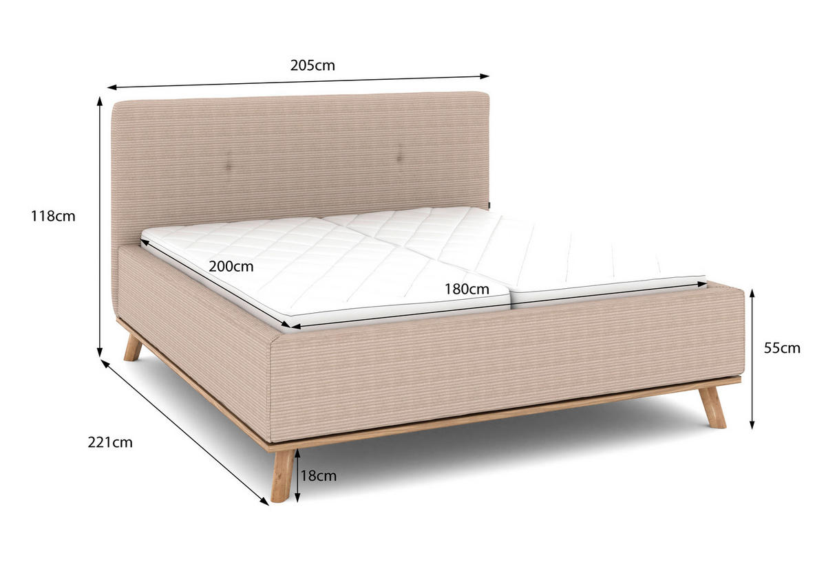 POLSTERBETT Matratze, Lattenrost, Bettkasten 180/200 cm  in Taupe  - Taupe/Eichefarben, Design, Holz/Textil (180/200cm) - Musterring