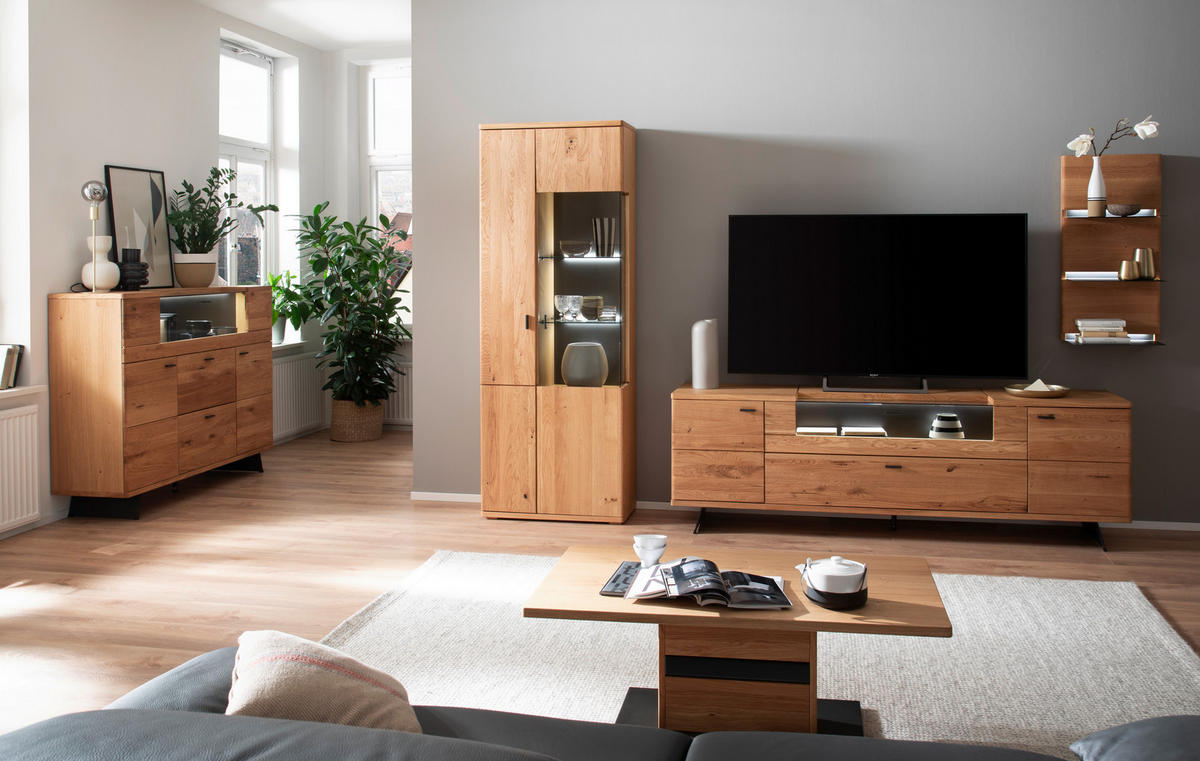 WOHNWAND 3-teilig  in Eichefarben 320/209/50 cm  - Eichefarben/Anthrazit, Natur, Glas/Holz (320/209/50cm) - Linea Natura