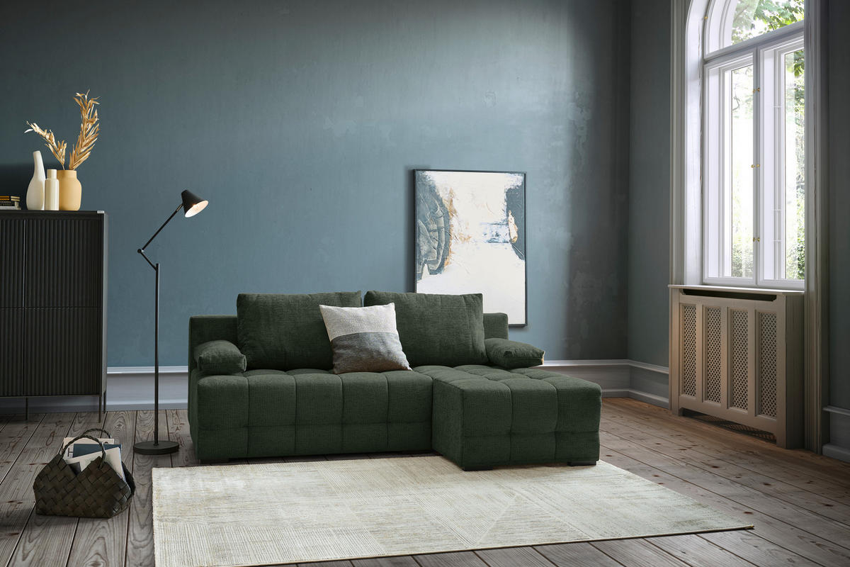 ECKSOFA in Chenille Dunkelgrün  - Dunkelgrün/Schwarz, MODERN, Kunststoff/Textil (204/145cm) - home24