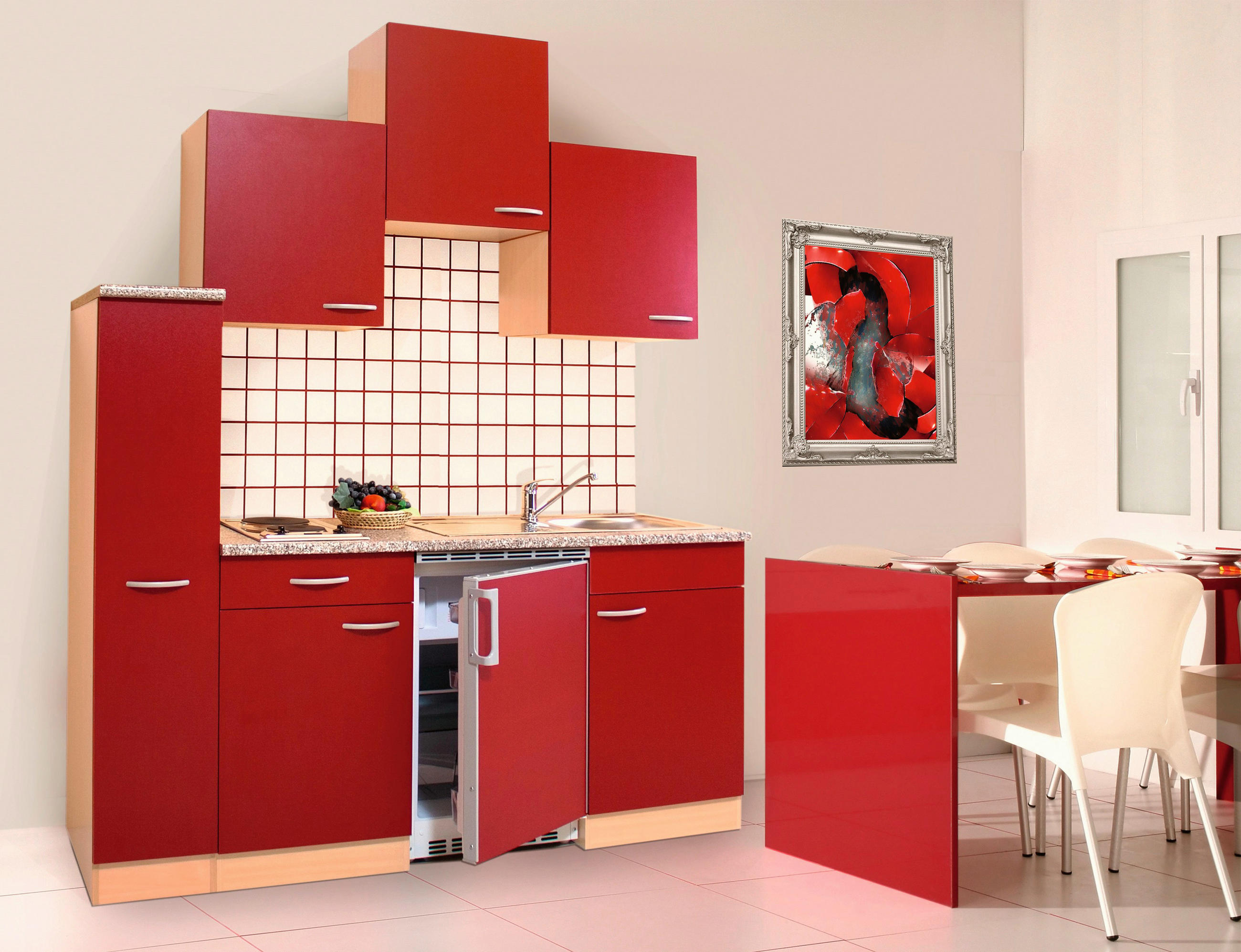 MINIKÜCHE 180 cm Rot, Buchefarben E-Geräte, Spüle, Ab- und Überlaufgarnitur - Rot/Buchefarben, KONVENTIONELL, Kunststoff (180cm) - Respekta
