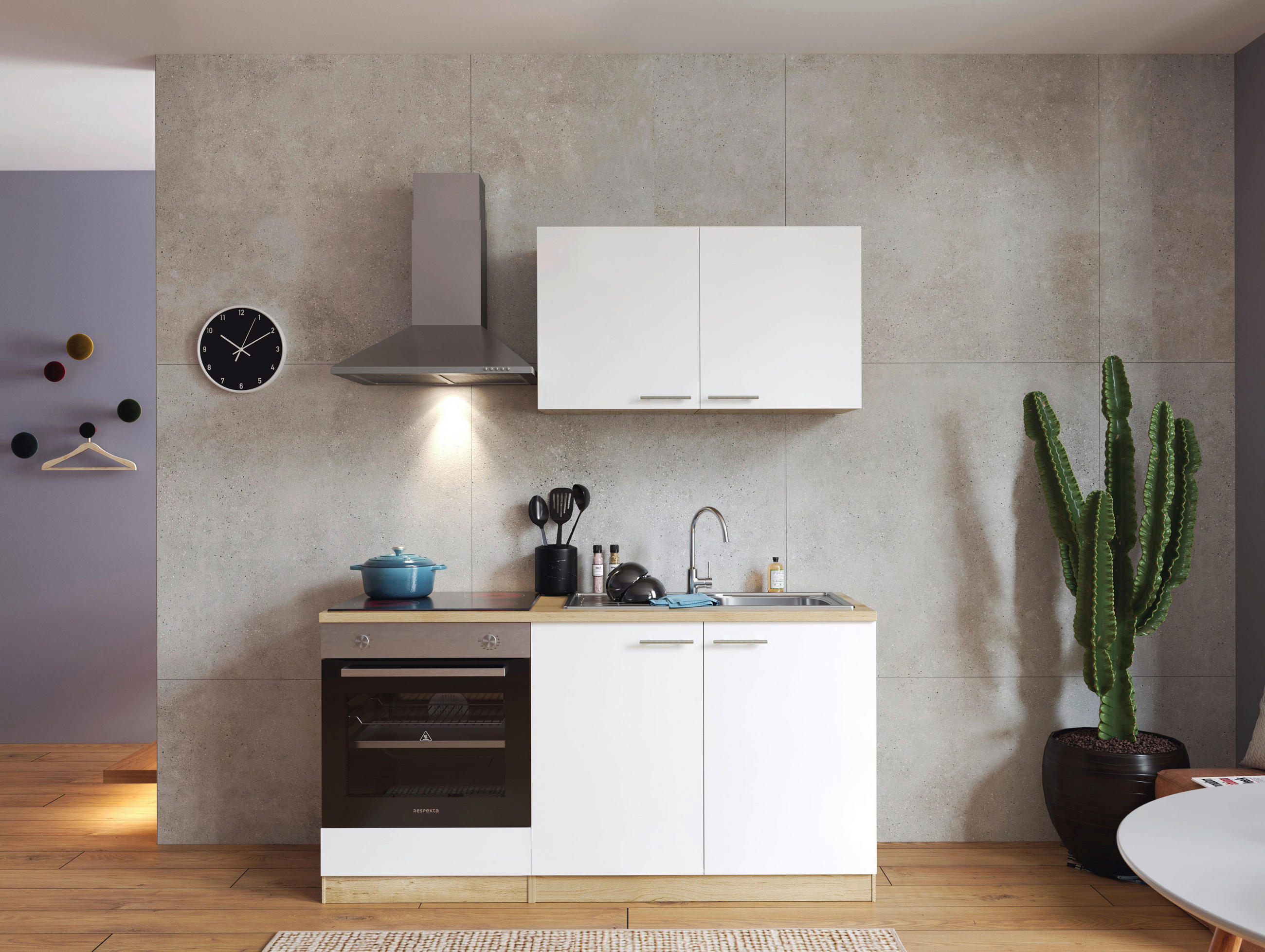 MINIKÜCHE 160 cm   in Weiß  - Eichefarben/Weiß, Design, Holzwerkstoff/Metall (160cm) - Respekta