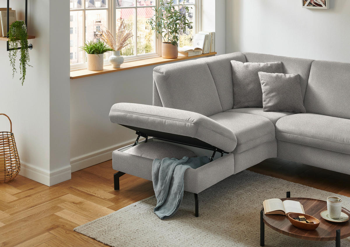 ECKSOFA in Flachgewebe Ecru  - Ecru/Schwarz, Konventionell, Textil/Metall (190/241cm) - Beldomo Comfort