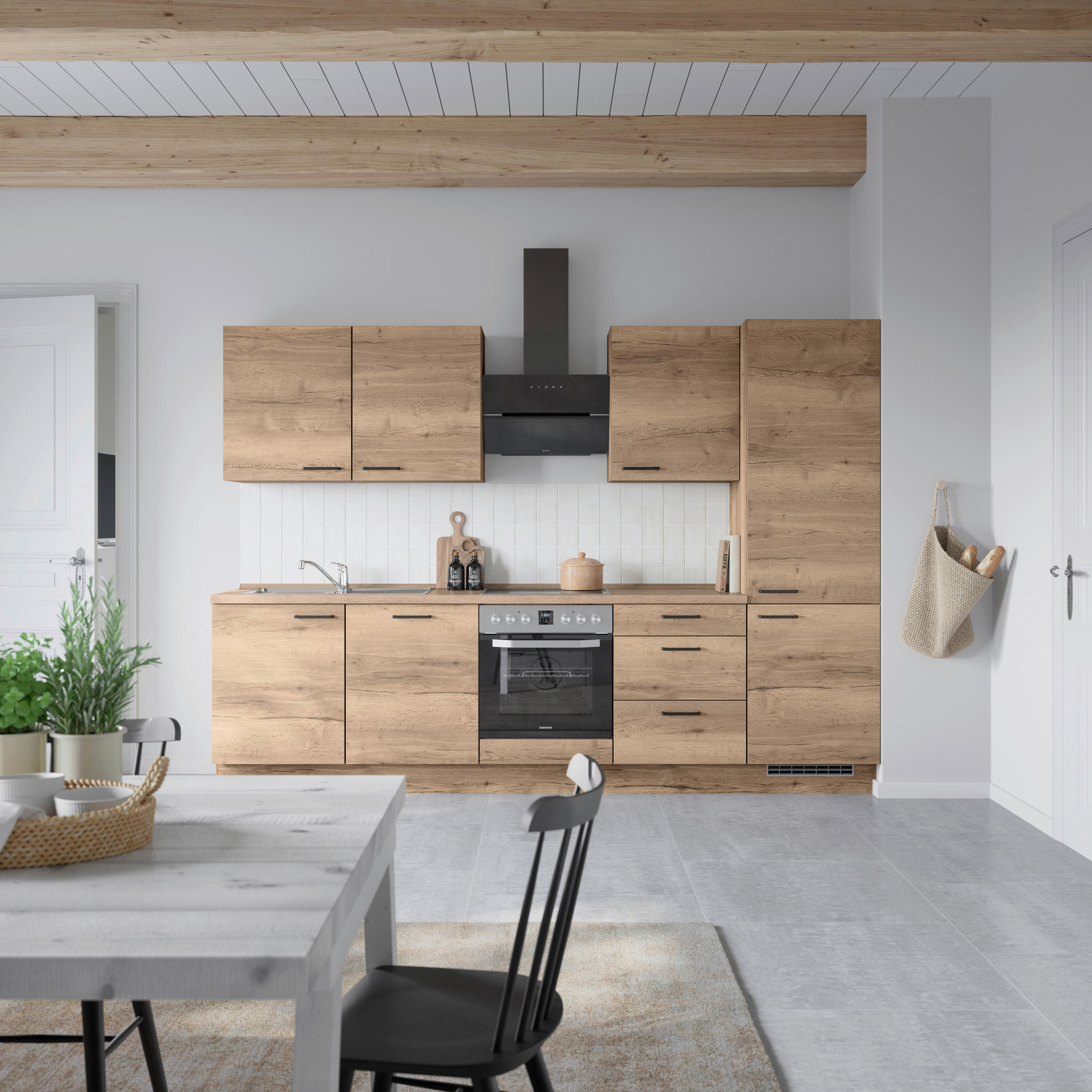 BUCĂTĂRIE FĂRĂ ELECTROCASNICE  - stejar închis la culoare/negru, Modern, metal/material pe bază de lemn (300cm) - Nobilia