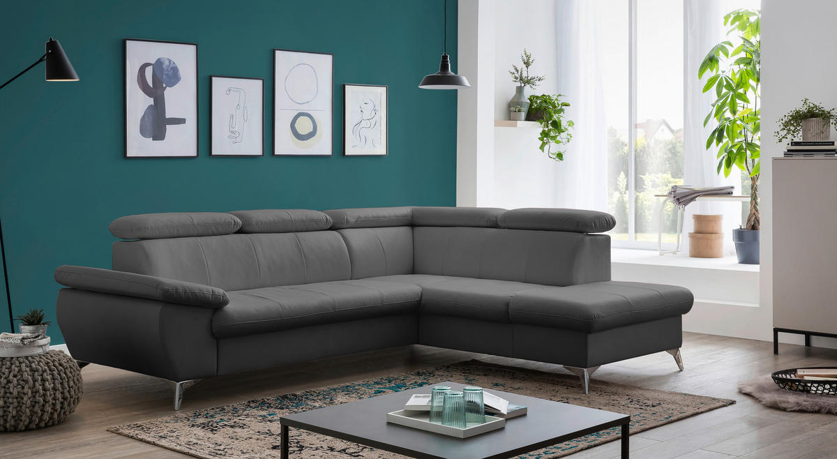 ECKSOFA Grau Lederlook  - Chromfarben/Grau, KONVENTIONELL, Textil/Metall (256/209cm) - Livetastic