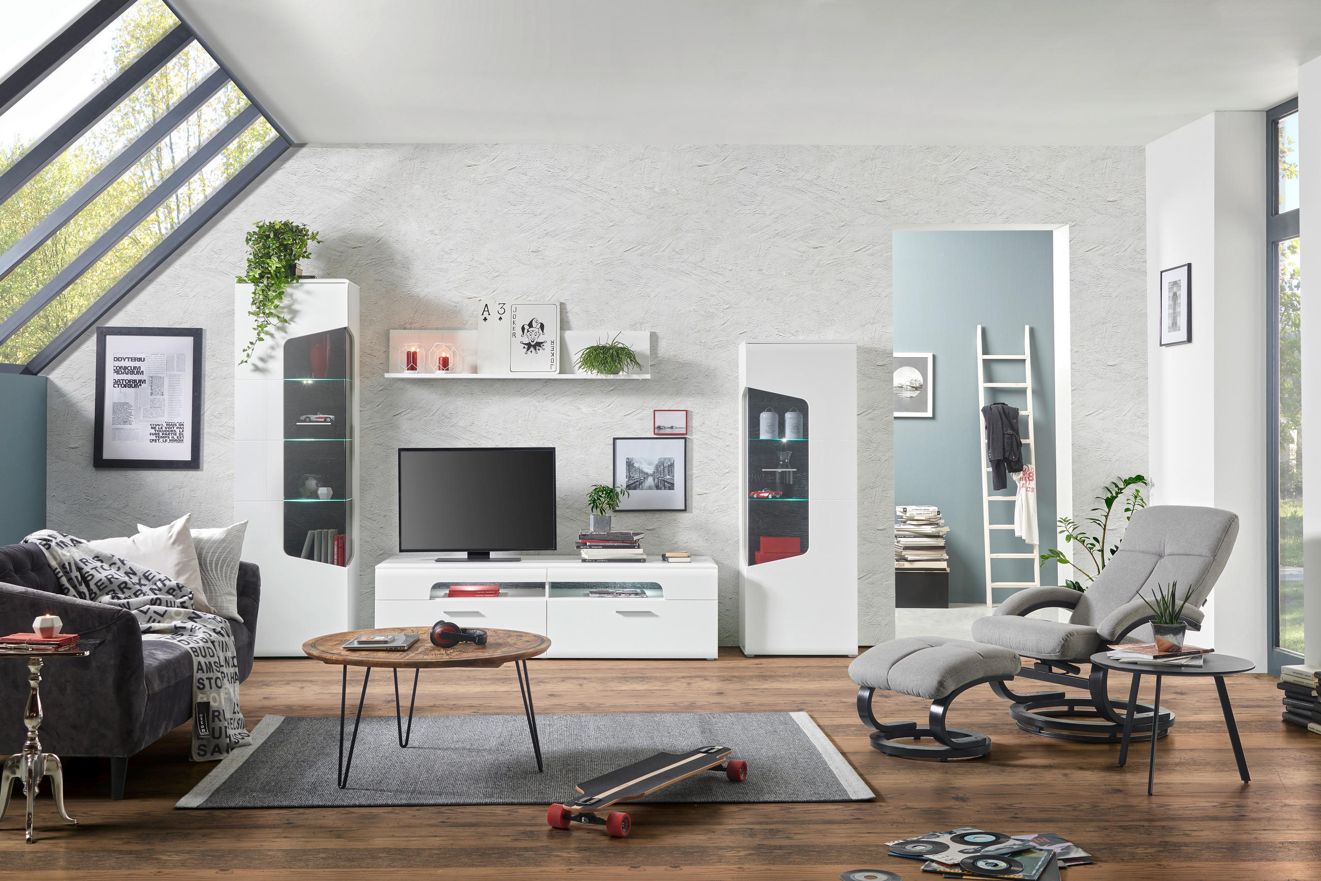 Thumbnail - Hom`in Wohnwand, Weiß, Eiche, Weiß Hochglanz, Metall, 7 Fächer, 2 Schublade(n) Schubladen, 330x201x50.7 cm, Typenauswahl...